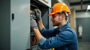 Commercial electrician performing electrical panel maintenance in Holbrook