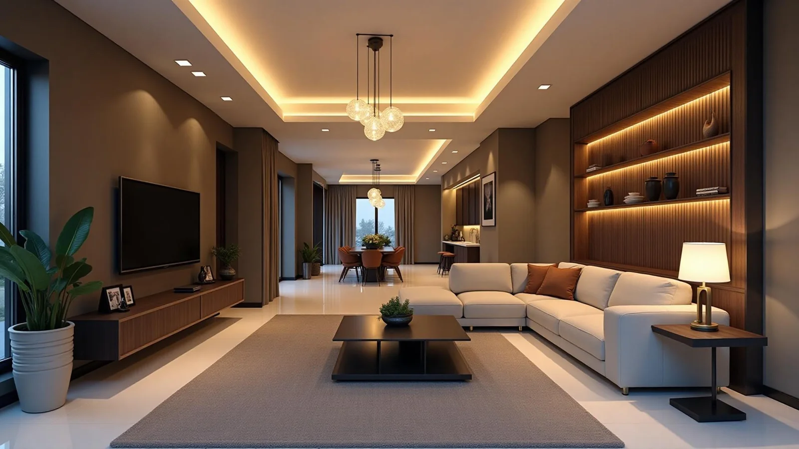 Contemporary living room with warm recessed lighting, pendant lights, and modern decor