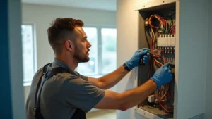Professional electrician repairing a residential electrical panel in Smithtown NY