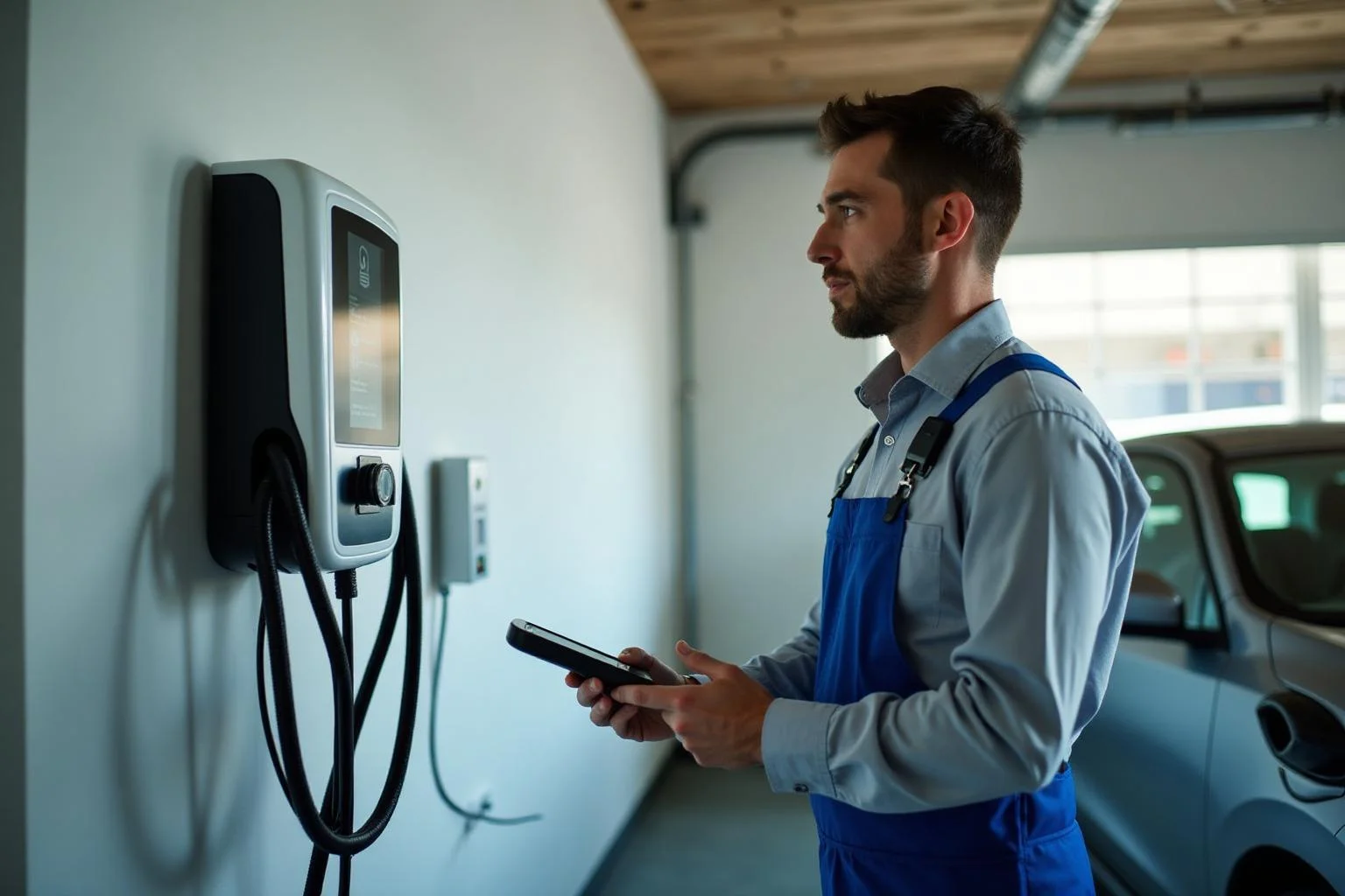 Wall-mounted smart EV charger installed for home charging