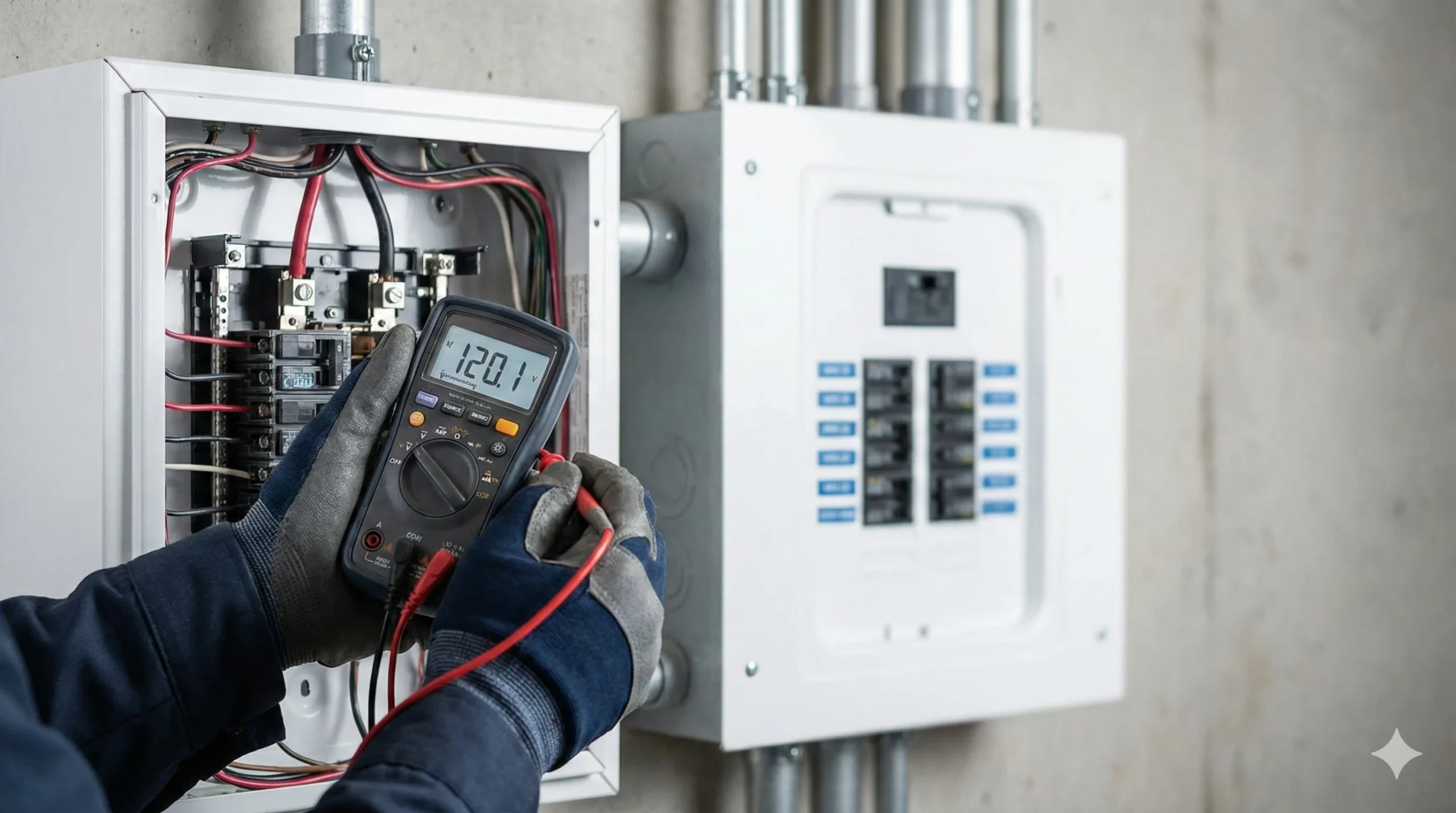 Best local Electrical repair: Electrician testing voltage on residential electrical panel in Suffolk County NY