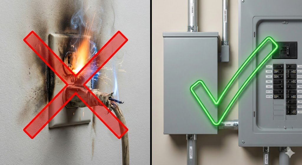 Right Electrical Panel: Comparison of unsafe electrical wiring causing fire versus safe, upgraded electrical panel