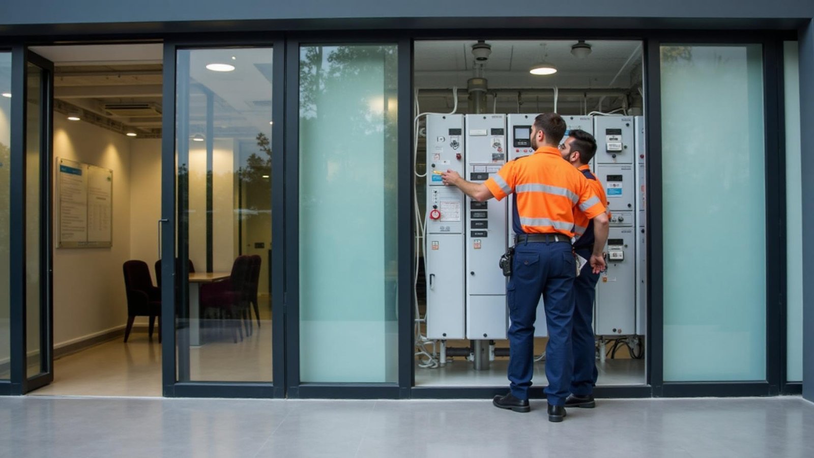 Best Local Electrical repair: Commercial electricians inspecting a main control panel in a business facility in Suffolk County NY