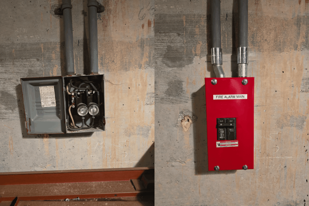 Electrical penal Upgrade: Old electrical panel next to upgraded fire alarm main breaker