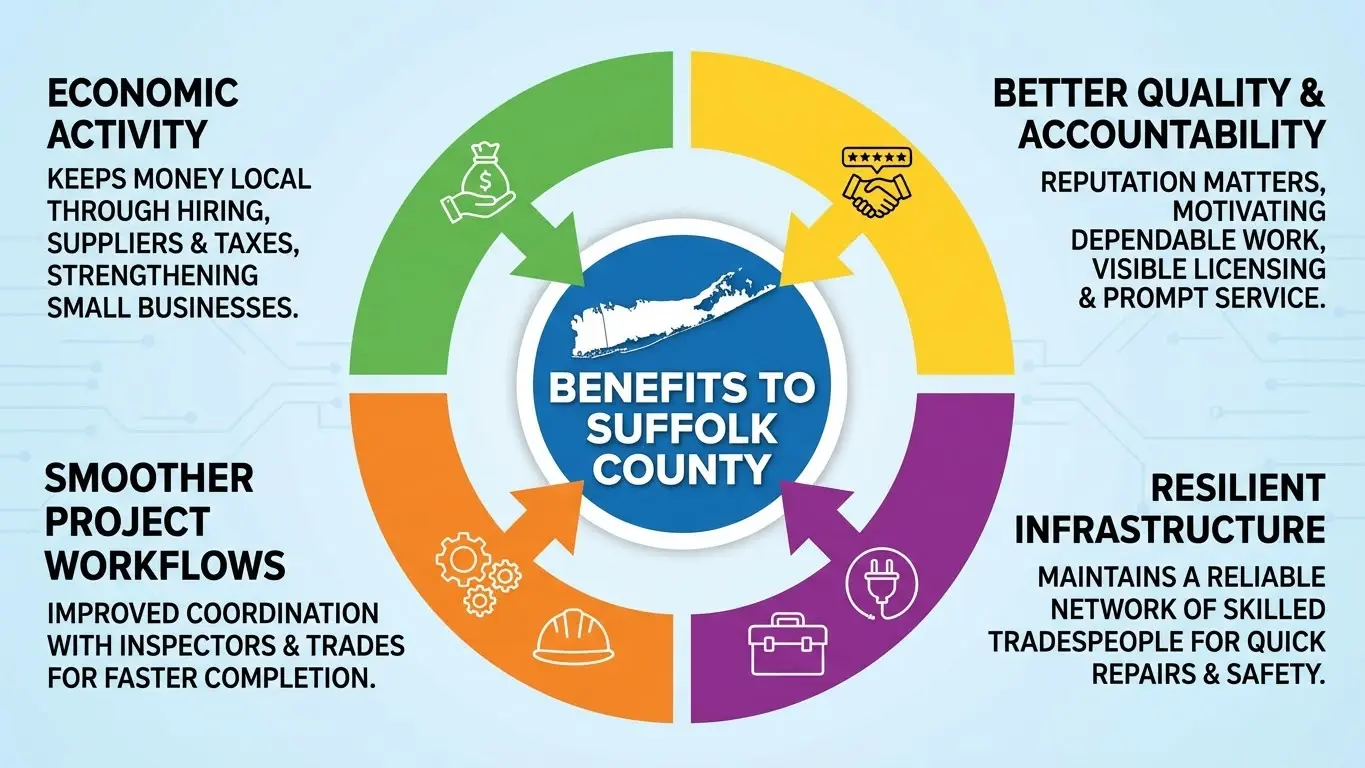 Infographic showing benefits to Suffolk County from hiring local electricians including economic activity, quality work, and resilient infrastructure.