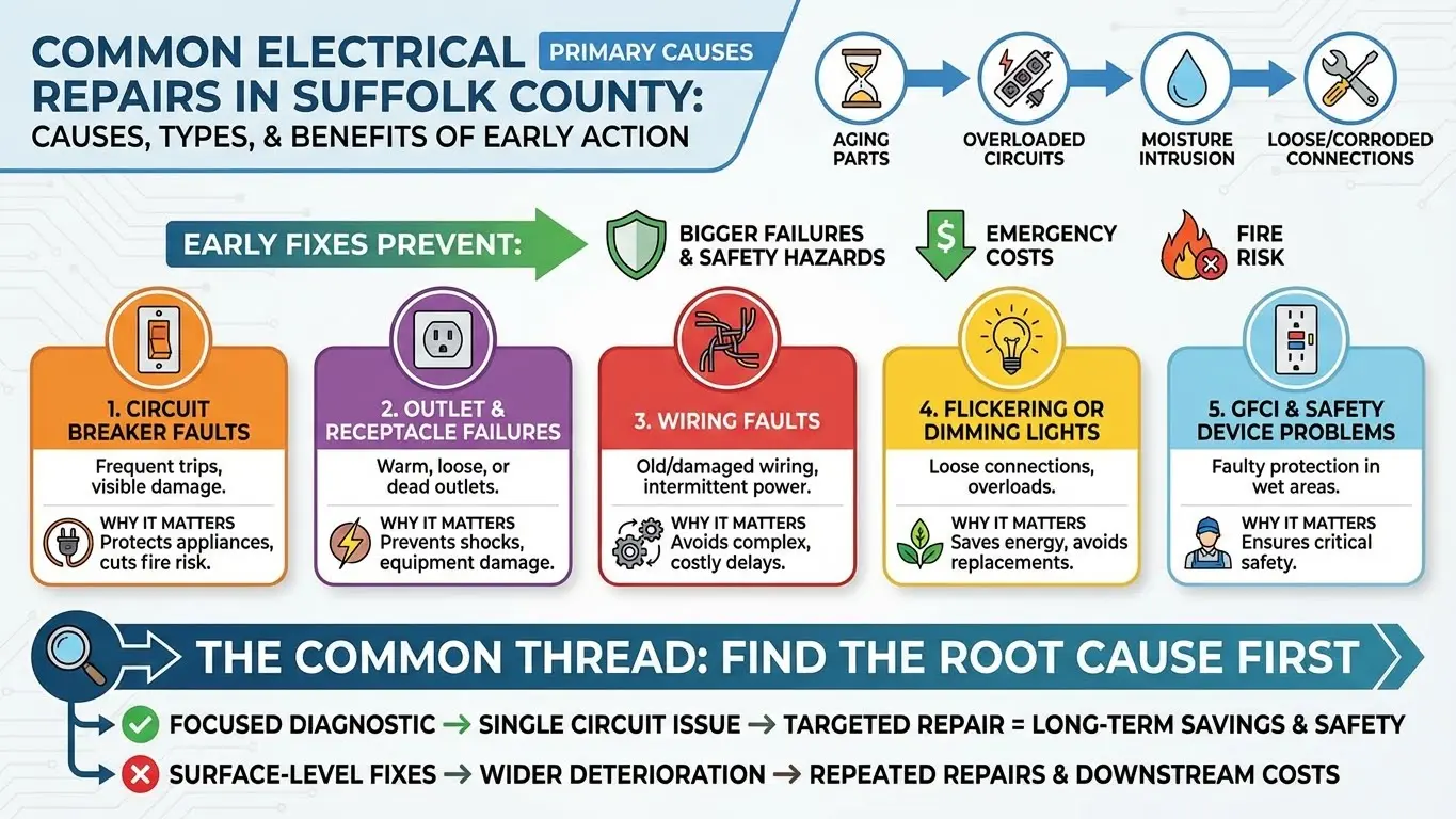 Infographic showing common electrical repairs in Suffolk County, causes like aging wiring and overloads, and benefits of early root-cause fixes.
