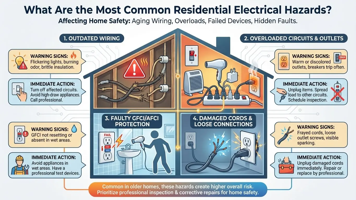Infographic showing common residential electrical hazards including outdated wiring, overloaded circuits, faulty GFCI outlets, and damaged cords.