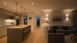 Lighting Design: Modern open-concept interior with custom LED lighting featuring recessed lights, pendant fixtures, and ambient wall lighting