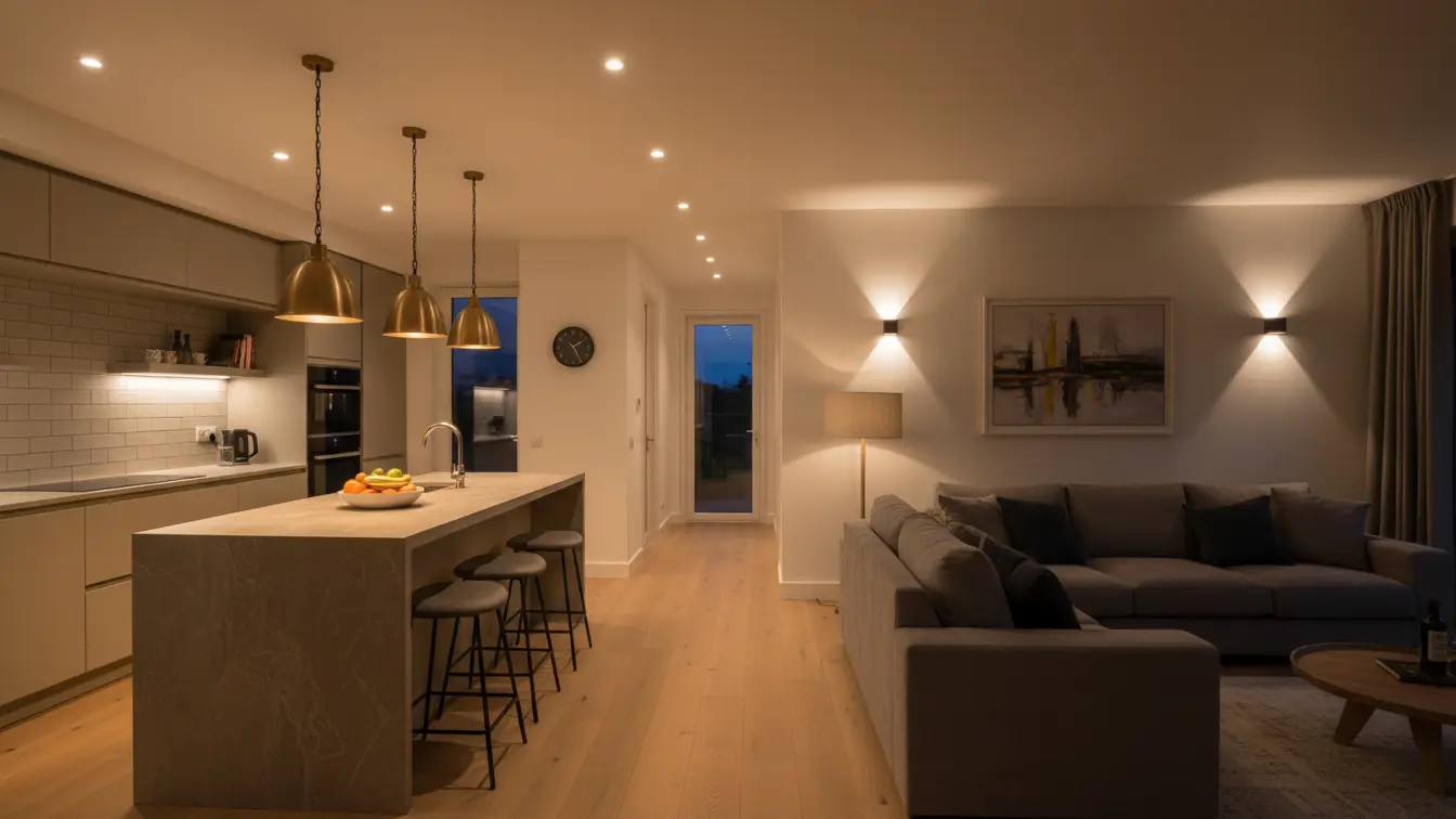 Lighting Design: Modern open-concept interior with custom LED lighting featuring recessed lights, pendant fixtures, and ambient wall lighting