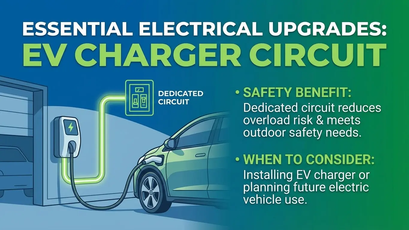 Graphic showing a dedicated EV charger circuit installation highlighting electrical safety benefits and reduced overload risk for homes.