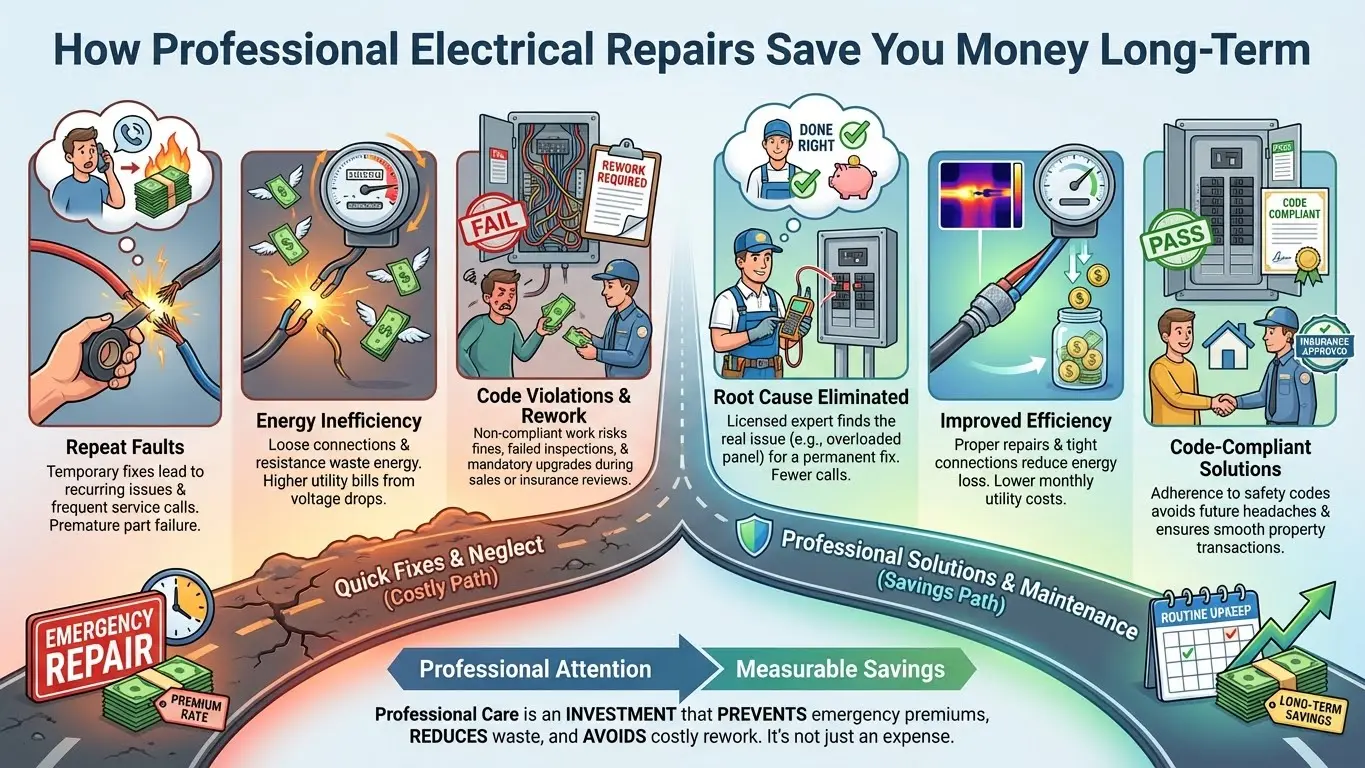 Infographic explaining how professional electrical repairs save money long term by improving efficiency, fixing root causes, and ensuring code compliance.