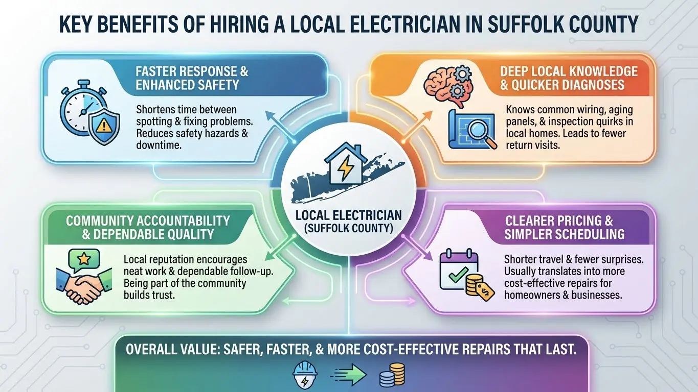 Infographic showing benefits of hiring a local electrician in Suffolk County including faster response, safety, local knowledge, and fair pricing.