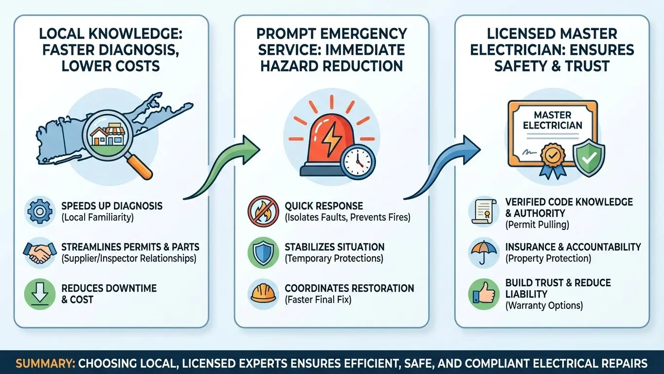 Infographic explaining benefits of hiring a local licensed electrician including faster diagnosis, emergency response, and code-compliant repairs.