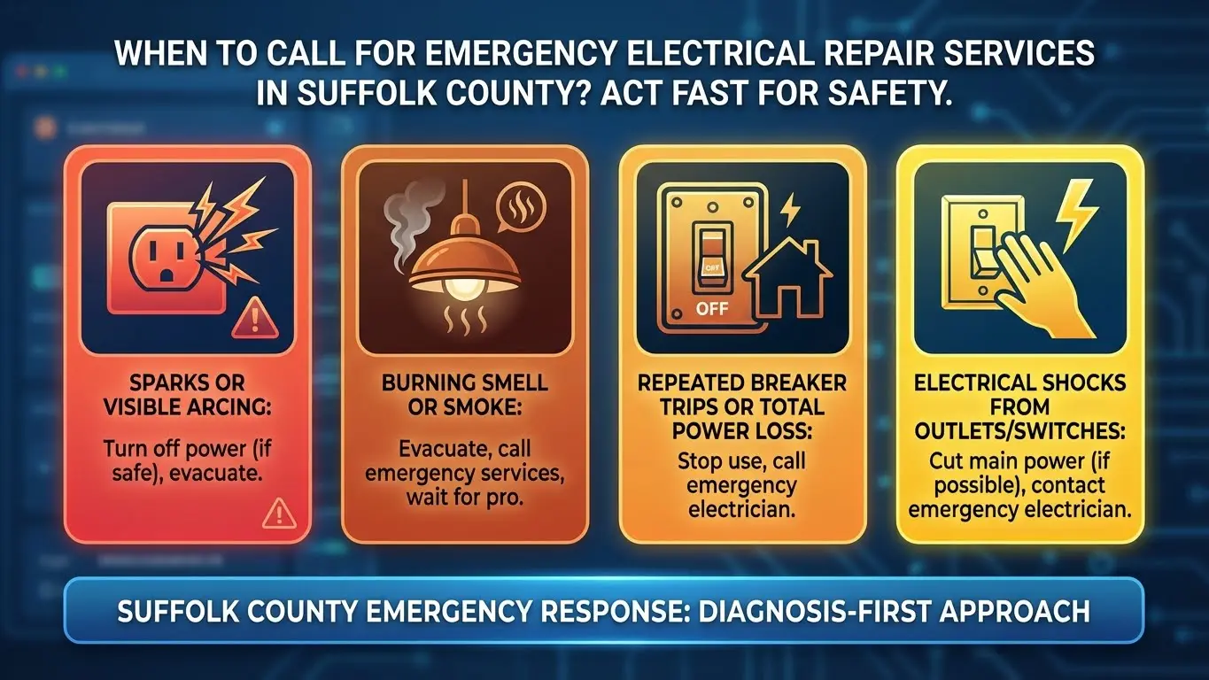 Infographic showing when to call for emergency electrical repair in Suffolk County, including sparks, smoke, power loss, and electrical shocks.
