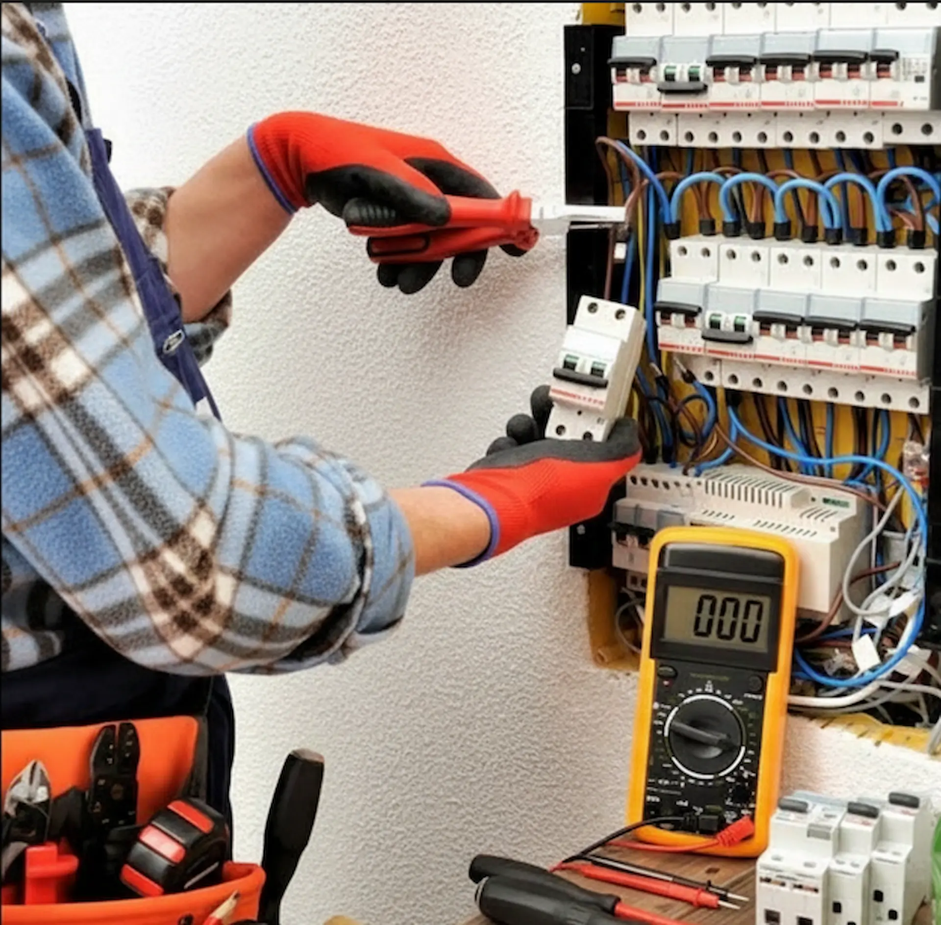 Upgrade or repair: An electrician in safety gloves using pliers to wire a new circuit breaker into a residential fuse box, with a digital multimeter and tool belt visible.