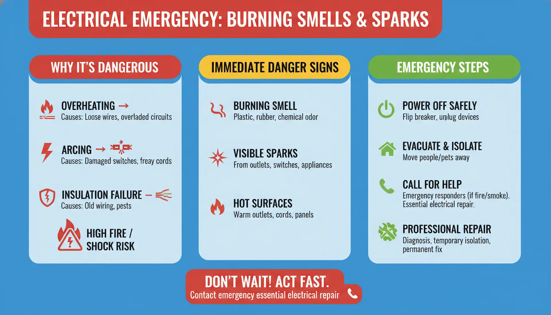 Infographic outlining emergency essential electrical repair steps for burning smells and sparks, including hazard causes like overheating and arcing, danger signs, and immediate safety actions like powering off and calling a licensed electrician.
