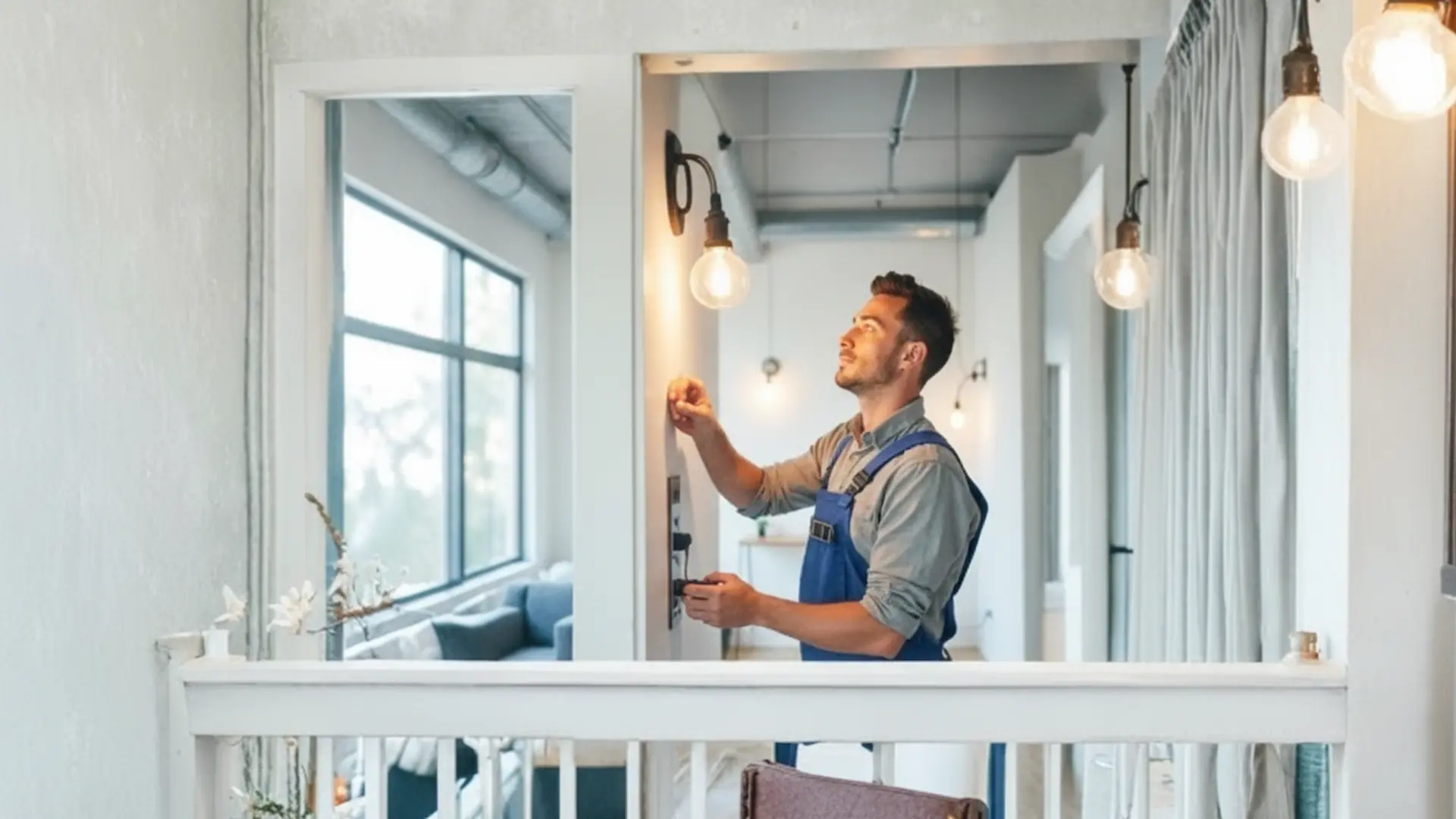A professional electrician in blue overalls performing local lighting repair services by inspecting a wall-mounted vintage bulb fixture in a modern home.