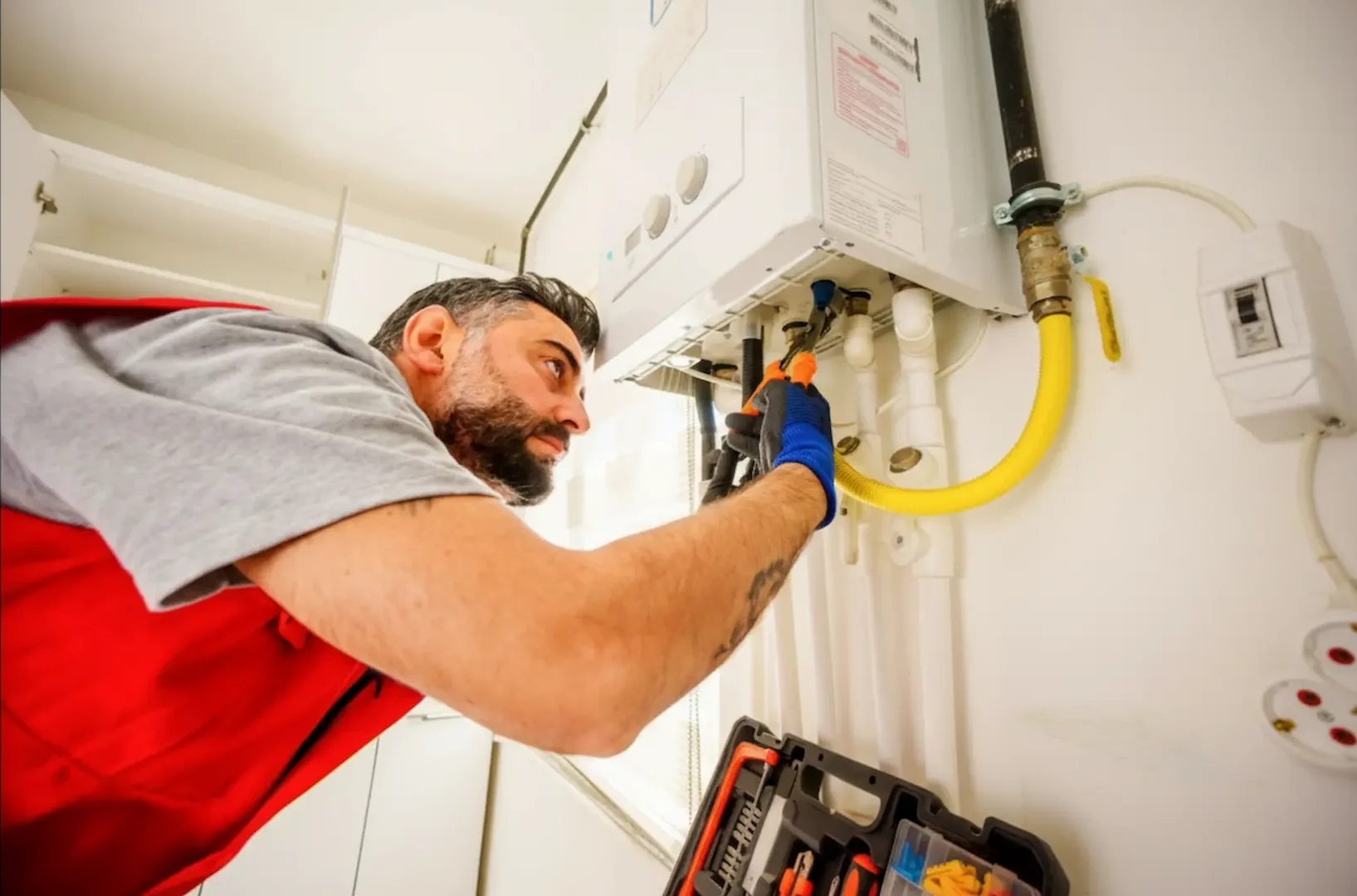 A professional technician performing a complex electrical installation and maintenance check.