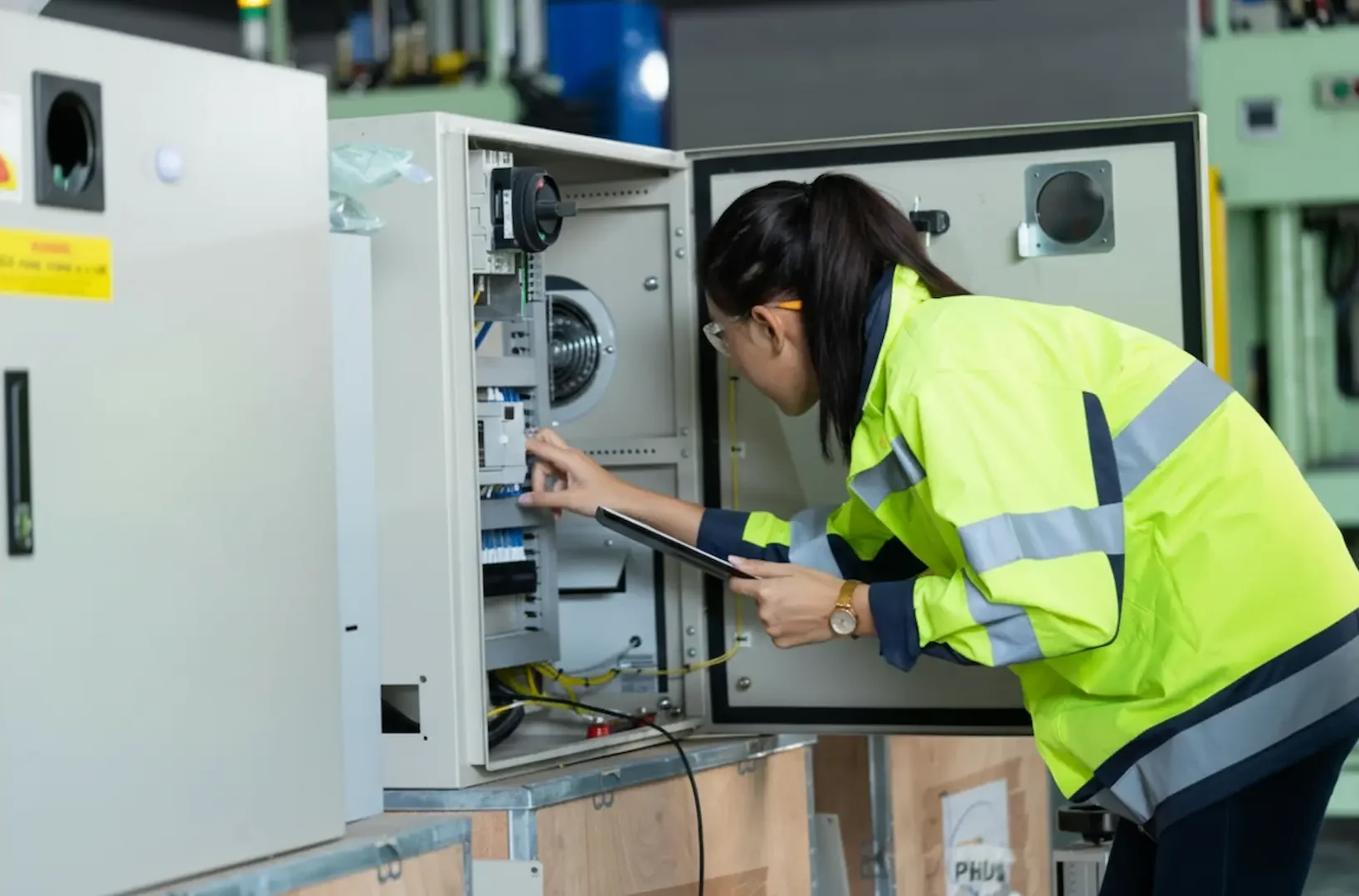 A female engineer in a high-visibility safety jacket performs a panel upgrade on an industrial control box