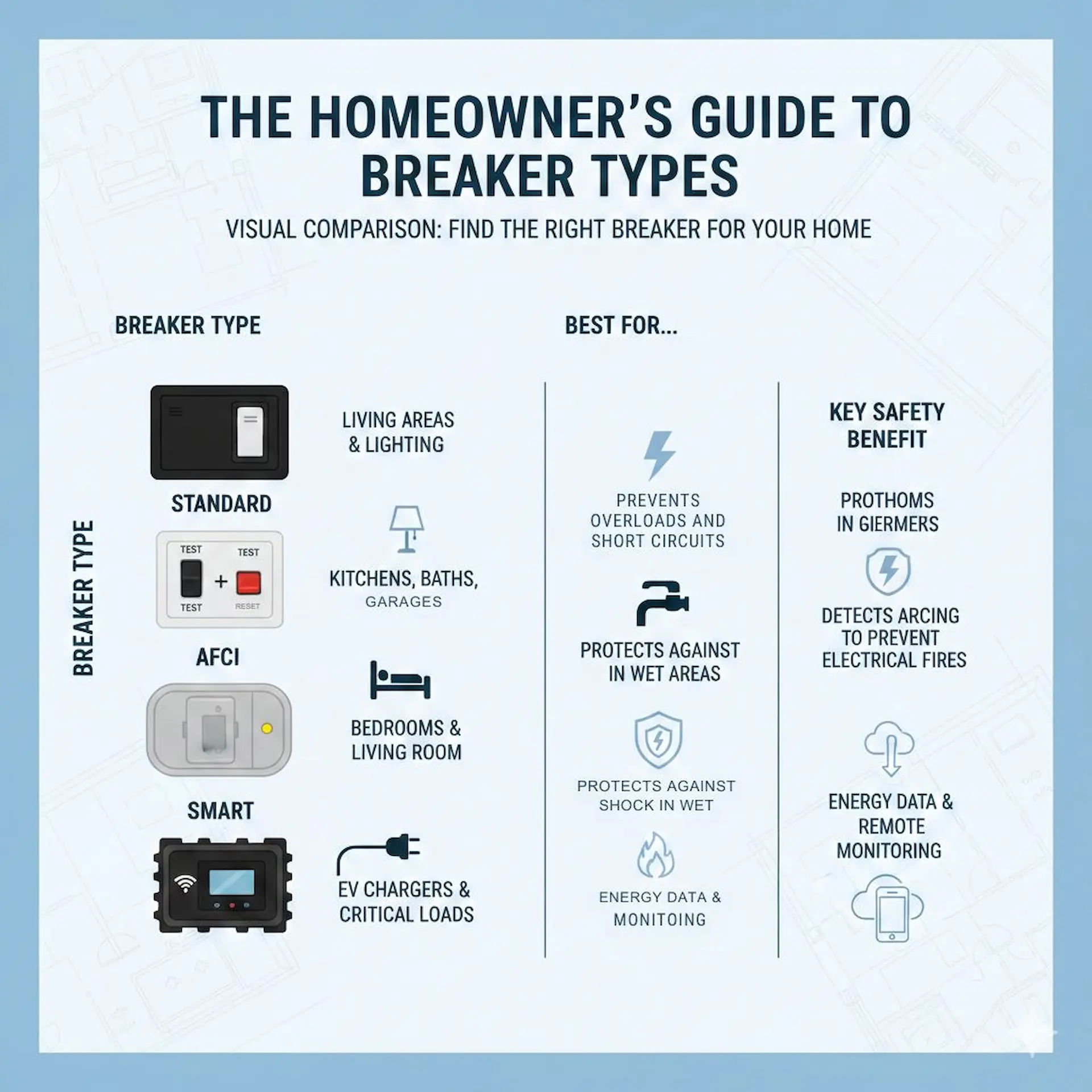 circuit breaker installation detailing four types: Standard for overloads, GFCI for wet area protection, AFCI to prevent electrical fires, and Smart breakers for energy data and remote monitoring.