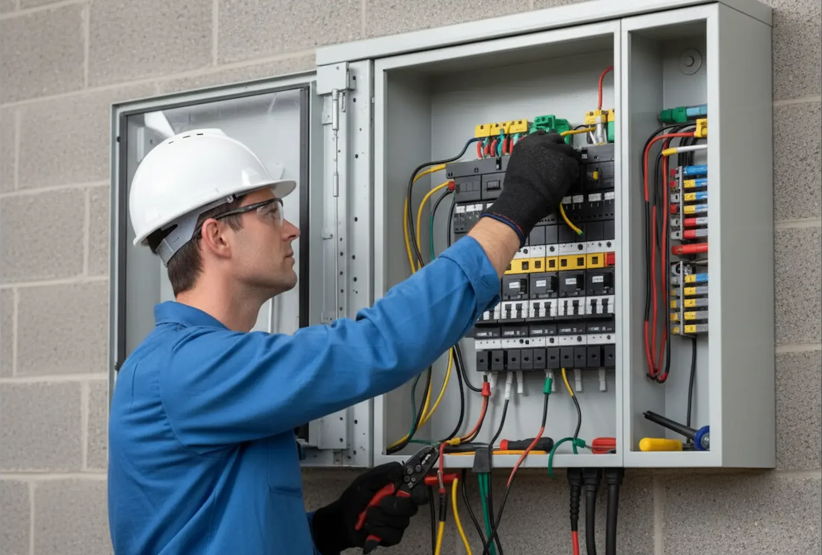 Licensed electrician installing a new circuit panel with tidy wiring, labeled breakers, and safety gear.