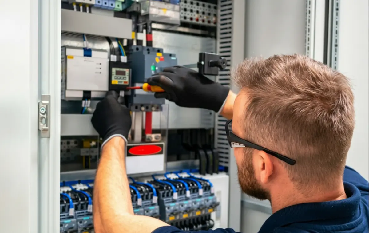 Electrical Panel upgrade: A professional technician performing an electrical installation and maintenance check on a wall-mounted system using specialized tools.