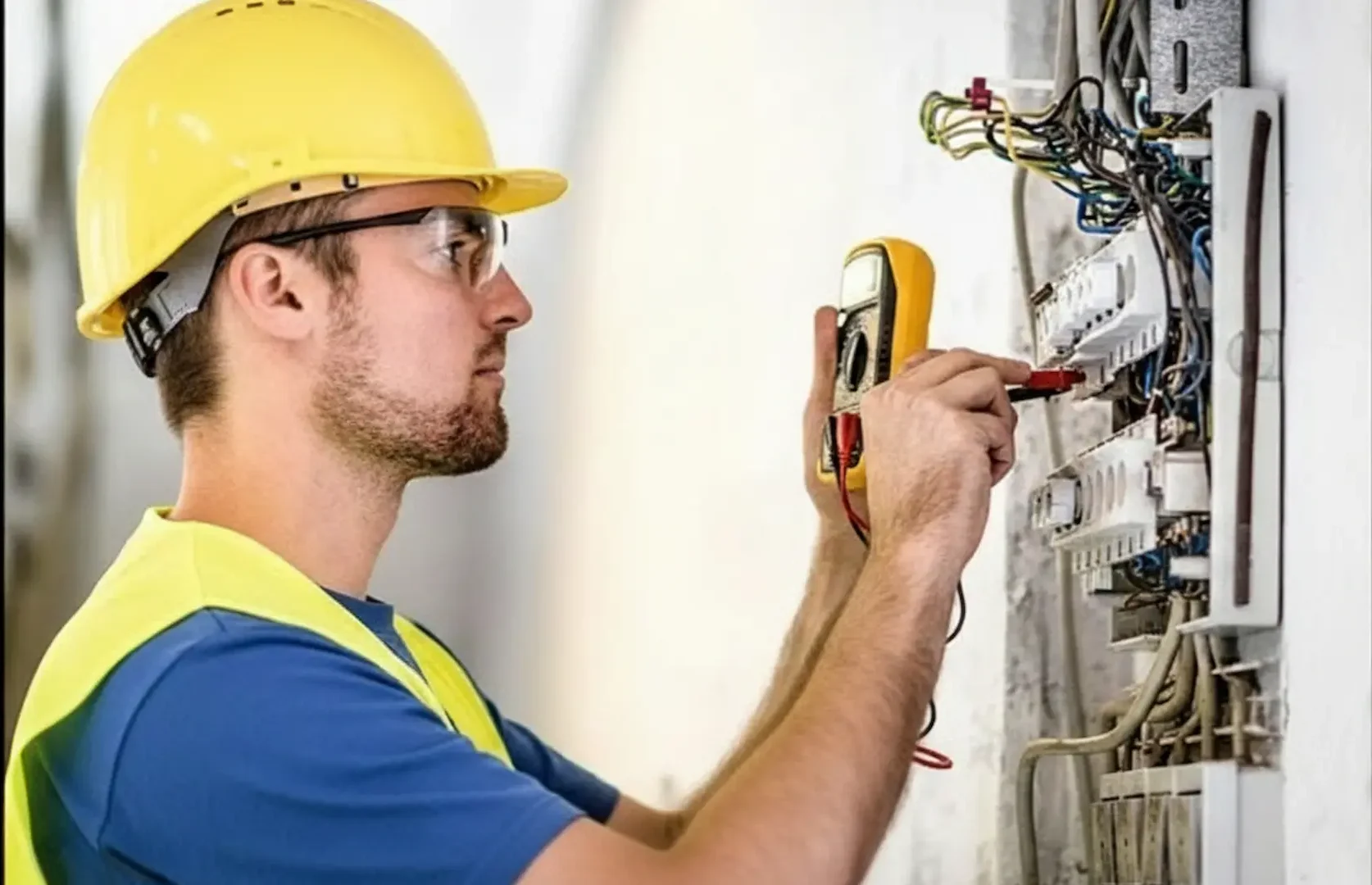 Electrical emergency: An electrician in a yellow hard hat and safety glasses performs a diagnostic voltage test on an open electrical panel using a digital multimeter.