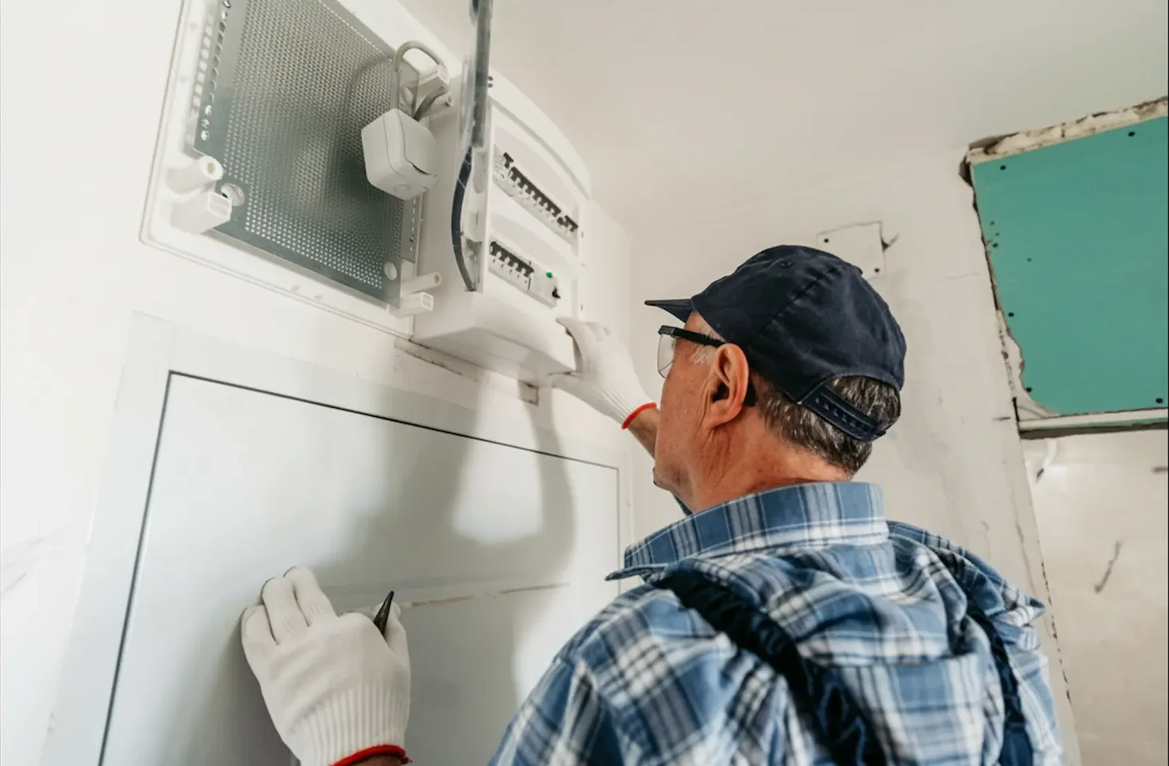 A professional electrician in safety gear installing a new circuit breaker box during a residential panel upgrade.