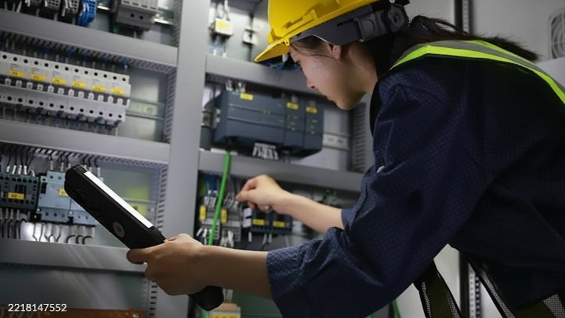 Immediate Electrical Assistance: A female technician in a yellow hard hat and safety vest uses a handheld diagnostic scanner to inspect intricate wiring inside a large-scale electrical panel.