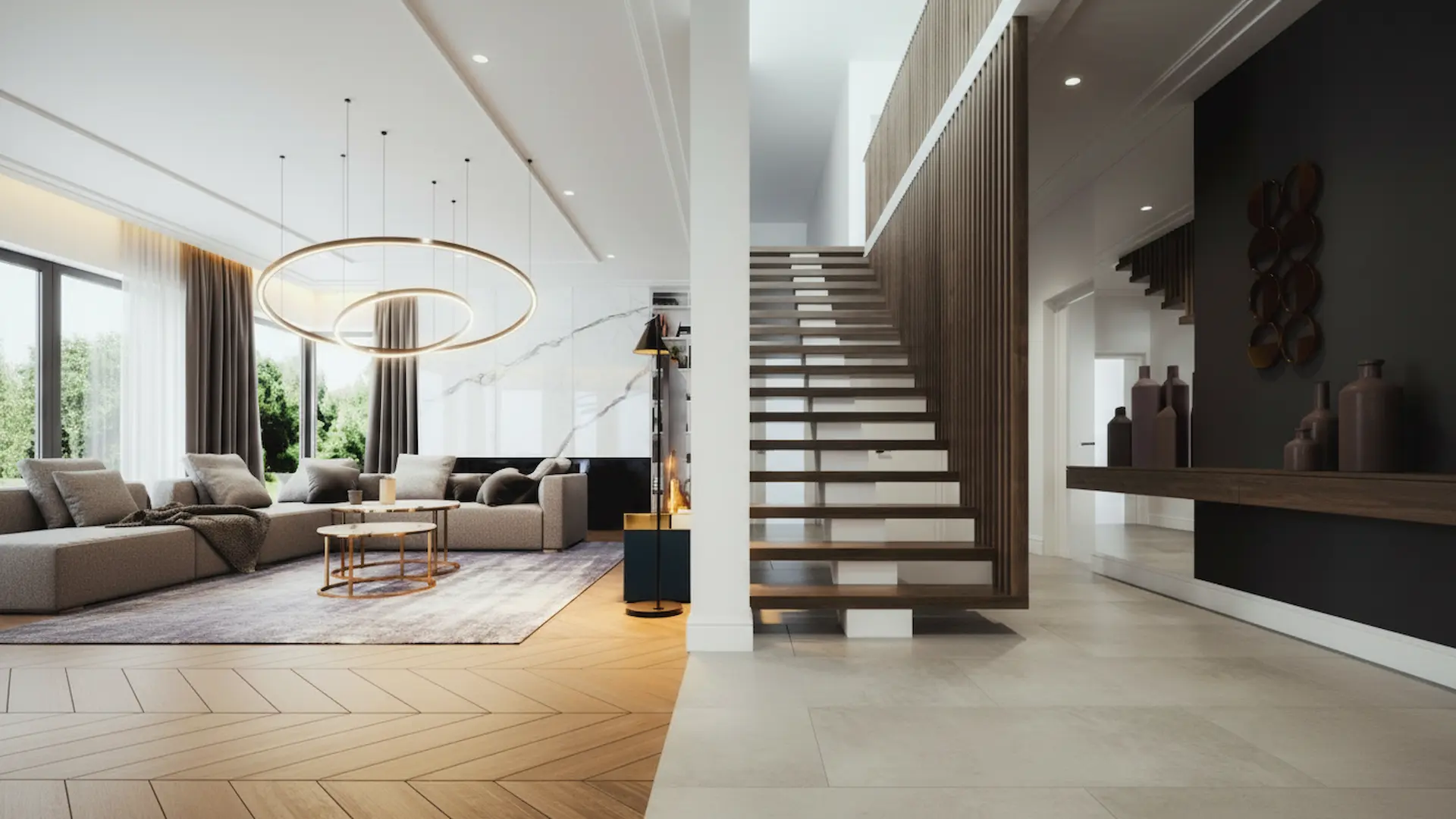 A high-end home interior showing complex architectural lighting; contact our lighting repair service to fix dimming issues or faulty fixtures.