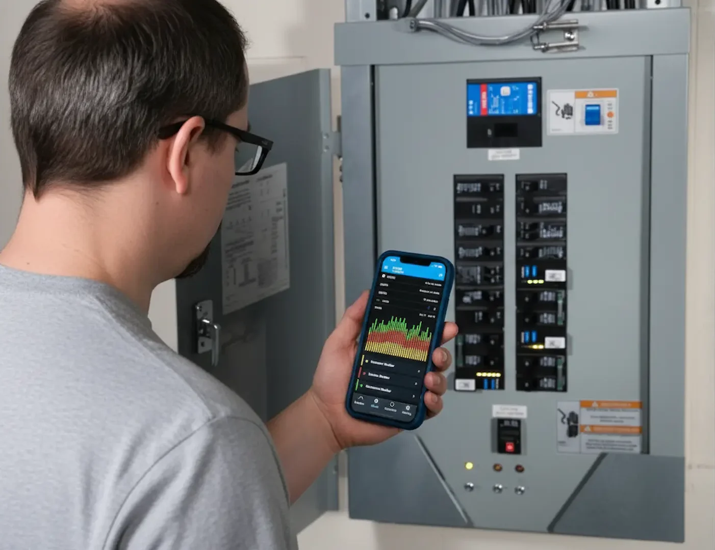 Upgrade or repair: Professional electrician performing a smart panel upgrade while checking energy diagnostics on a smartphone app in front of a modern breaker box.
