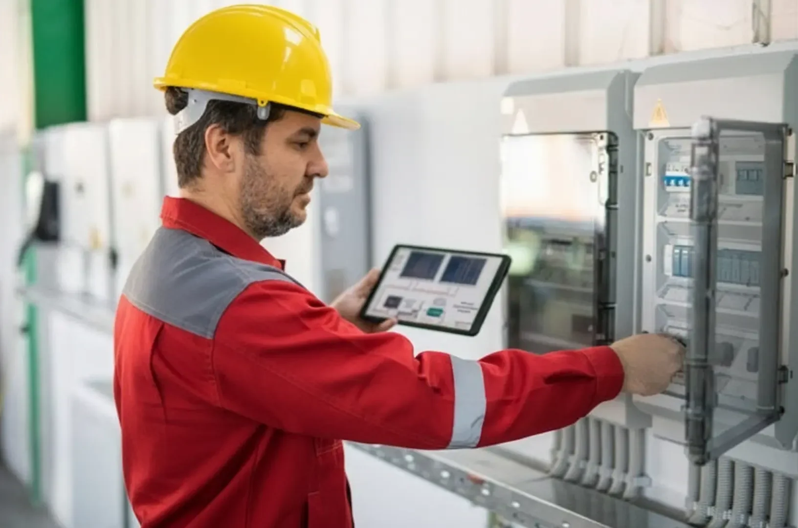 A specialist in a red uniform and yellow hard hat uses a digital tablet to monitor real-time circuit data from an advanced commercial electrical panel.