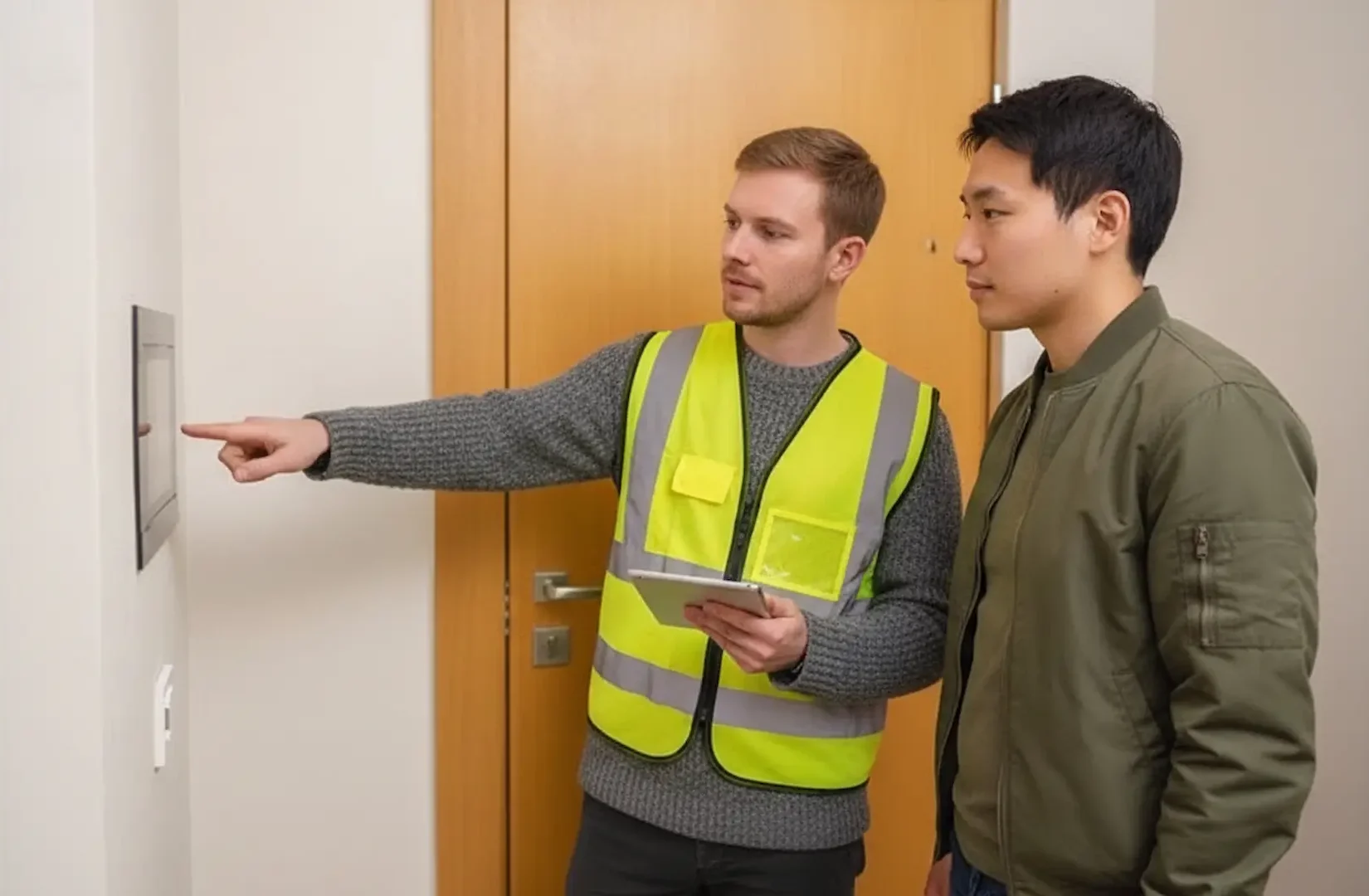 Electrical Panel: A technician in a yellow high-visibility safety vest holding a tablet while explaining a wall-mounted smart home control panel to a male homeowner in a modern hallway.