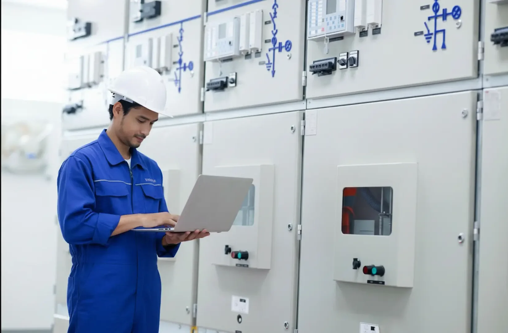 Electrical Panel: Male engineer in safety gear operating digital controls via laptop in a server or power room.