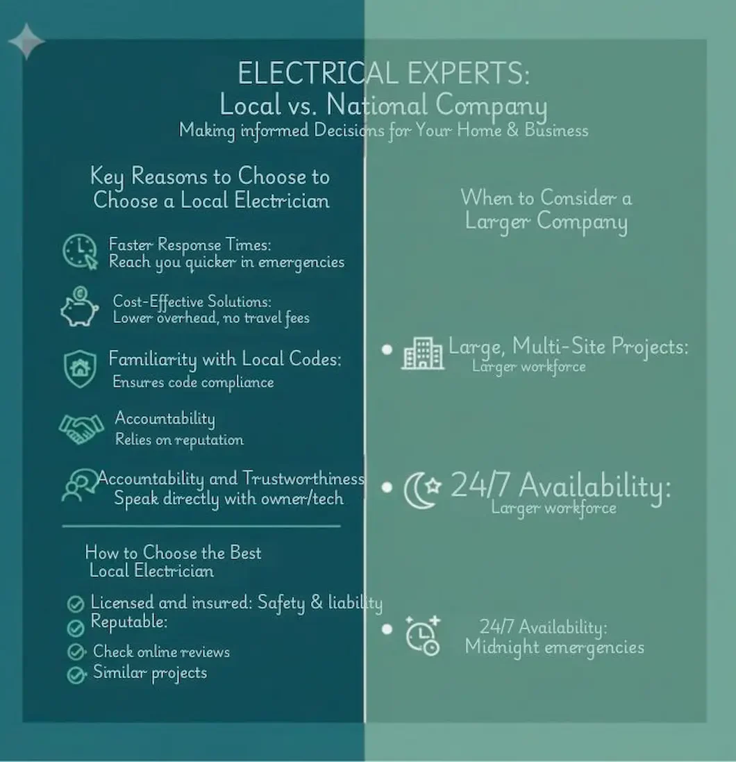 Comparison chart showing the advantages of local electricians versus national electrical companies for residential and commercial work.
