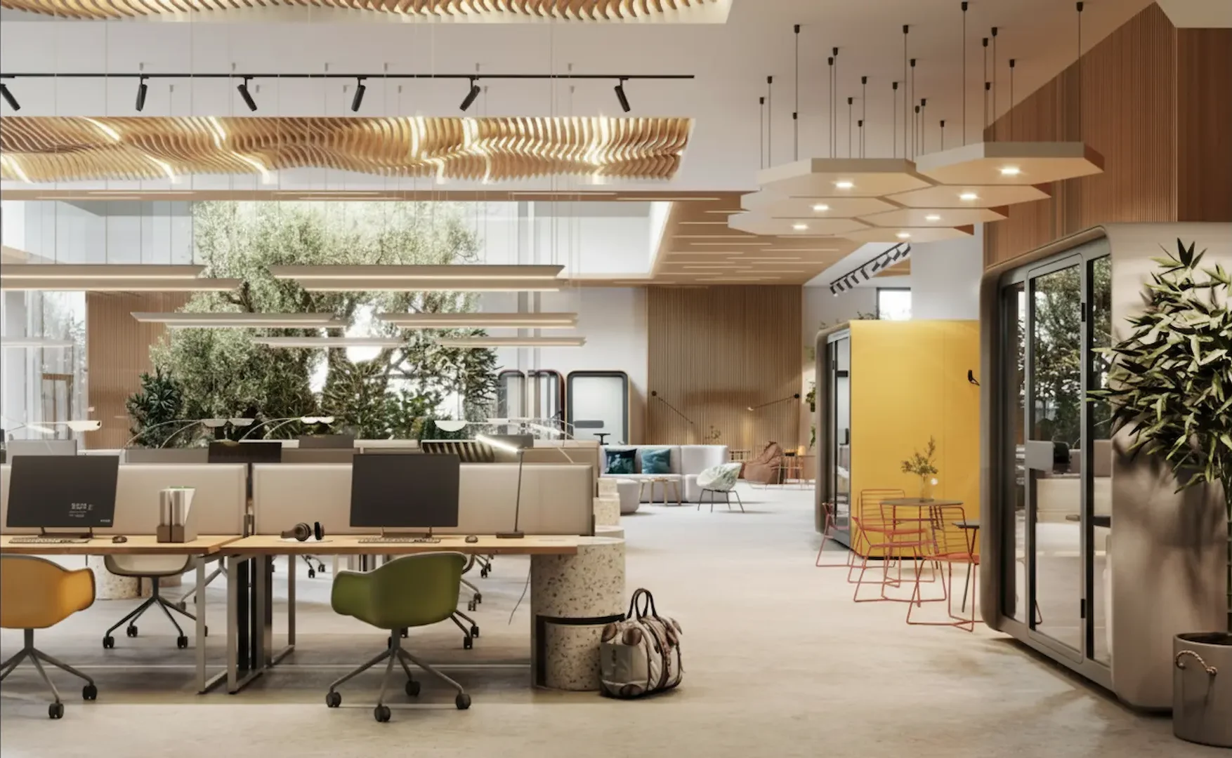 A modern open-plan office in Suffolk, NY, featuring biophilic lighting design. The space includes wave-patterned wooden ceiling baffles with integrated LED strips, honeycomb-shaped pendant lights, and large indoor trees. Ergonomic workstations with green chairs and yellow private phone booths are visible throughout the airy workspace.