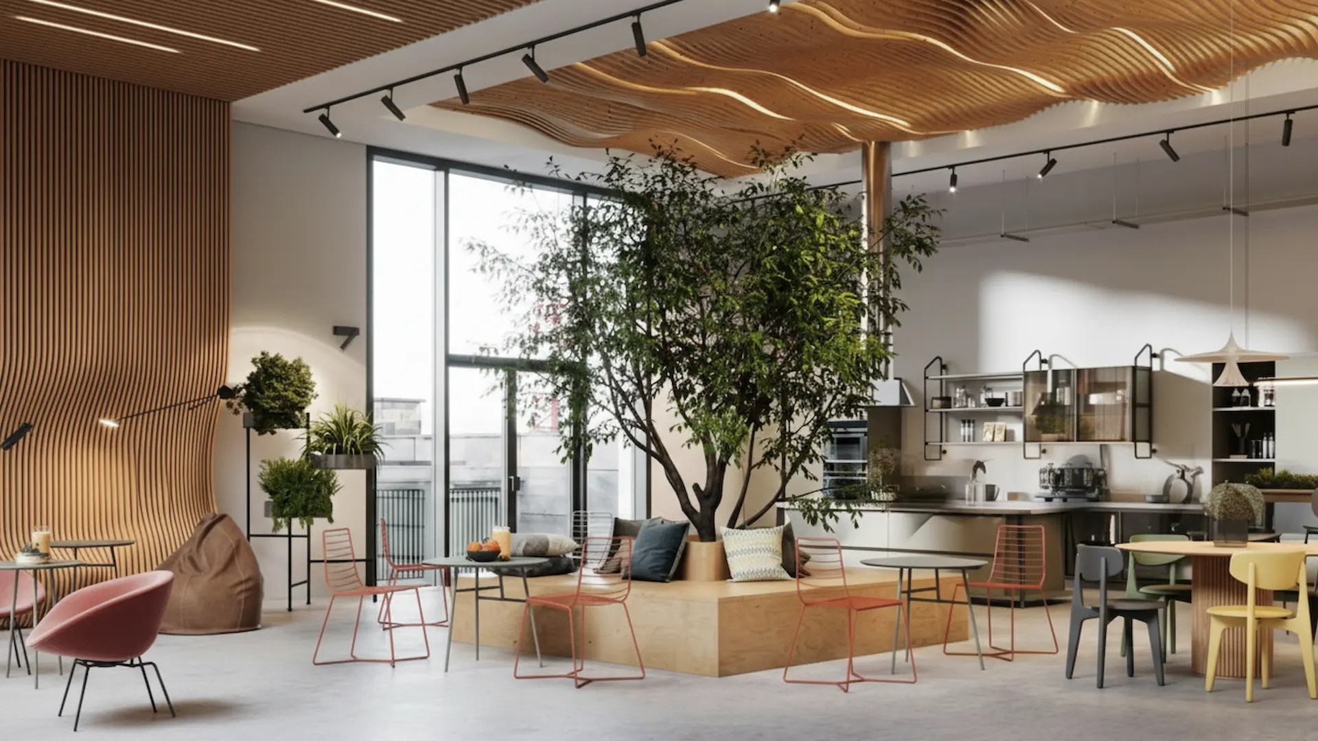A modern biophilic workspace featuring wavy wood ceiling panels with integrated track lighting and a large indoor tree as a centerpiece.