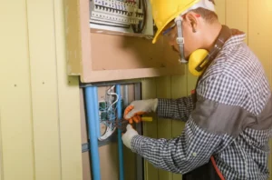 Electrician in Stony Brook, NY: A Guide to Repairs, Older Homes & Electrical Upgrades 6 Electrical repair: Electrician in a hard hat and ear protection managing wiring inside a panel with blue conduits.