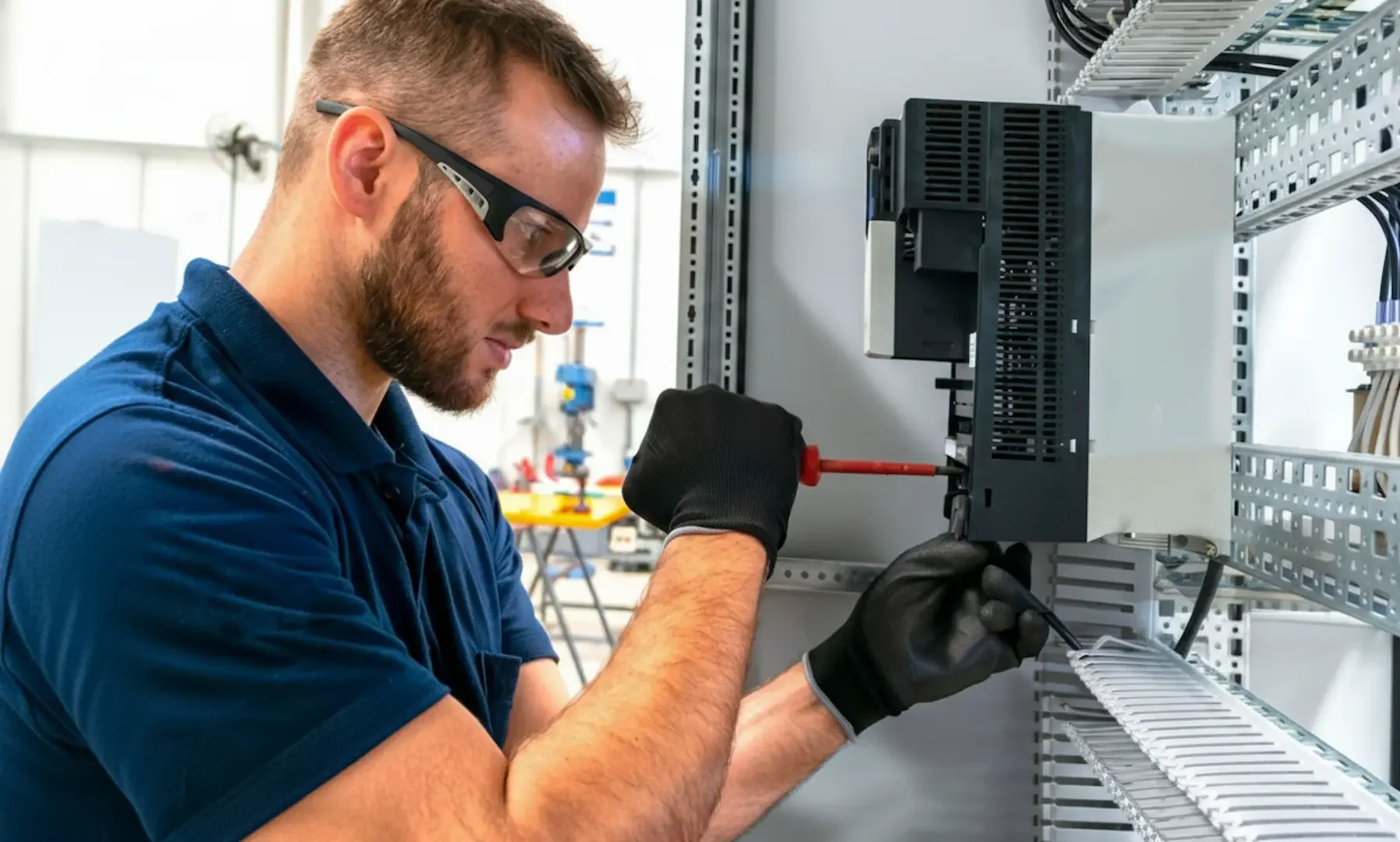Emergency Electrical Service: An electrician wearing safety glasses and black protective gloves uses a red-handled screwdriver to secure a large electronic module inside a white industrial cabinet.