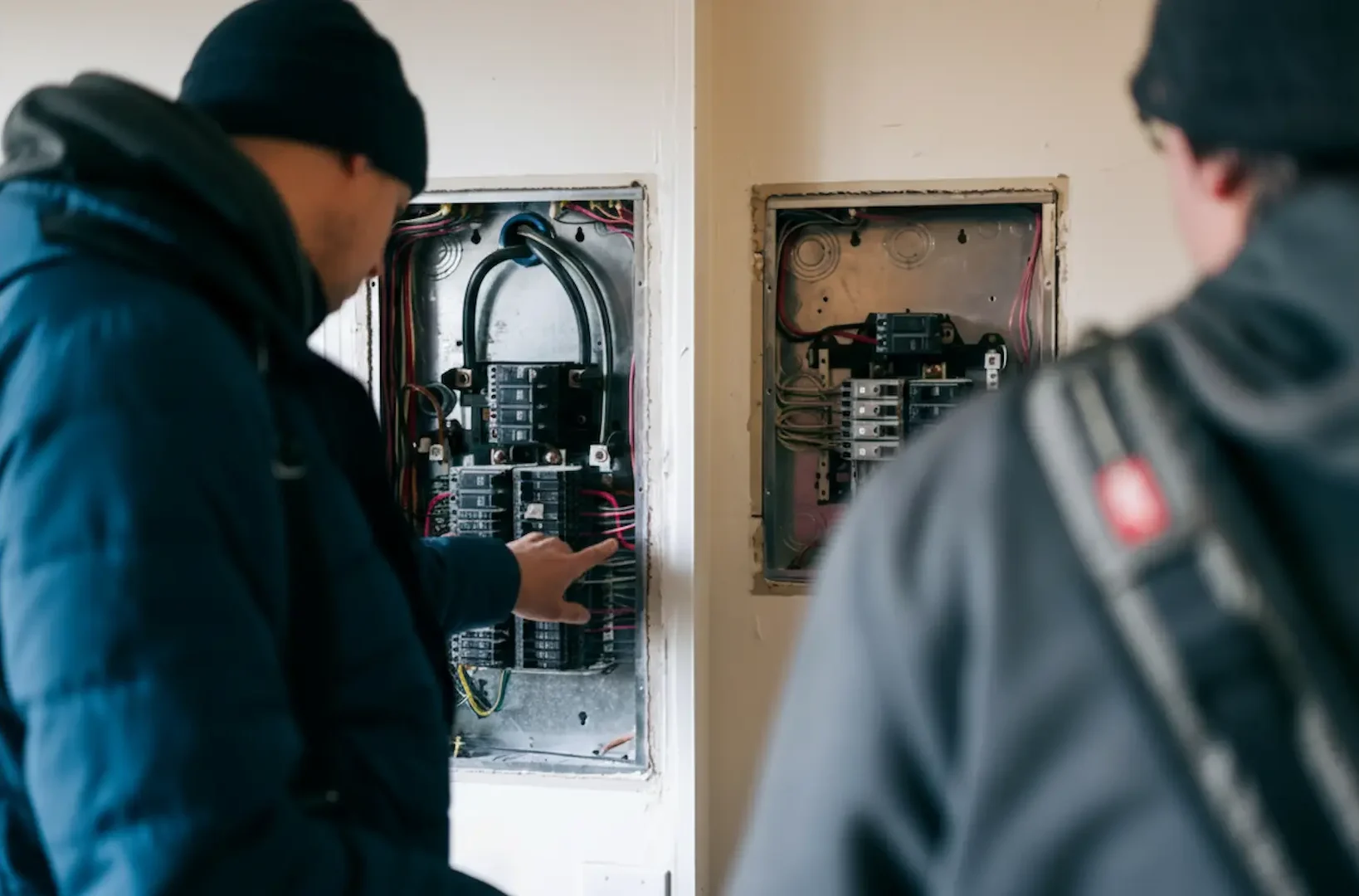 Panel Replacement: Two electricians wearing beanies discussing a dual-panel installation and service upgrade for a commercial property renovation.