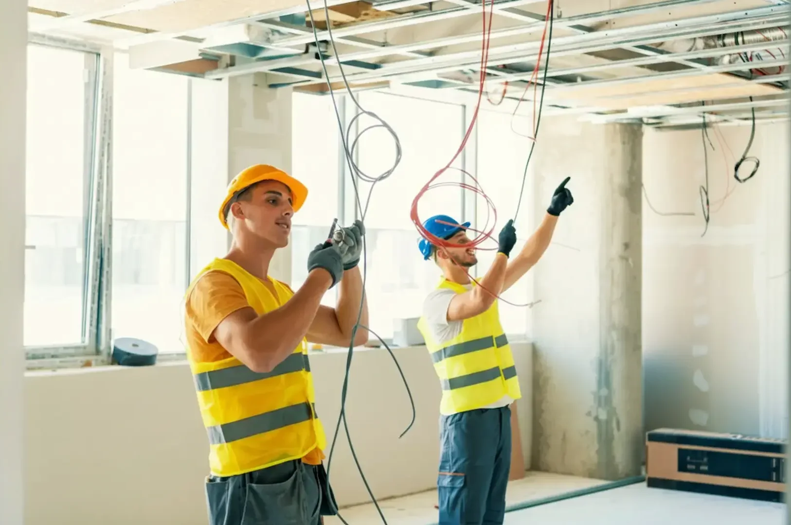 Electrical Service: Two licensed electricians in safety vests and hard hats pulling and organizing electrical wiring from a commercial ceiling grid