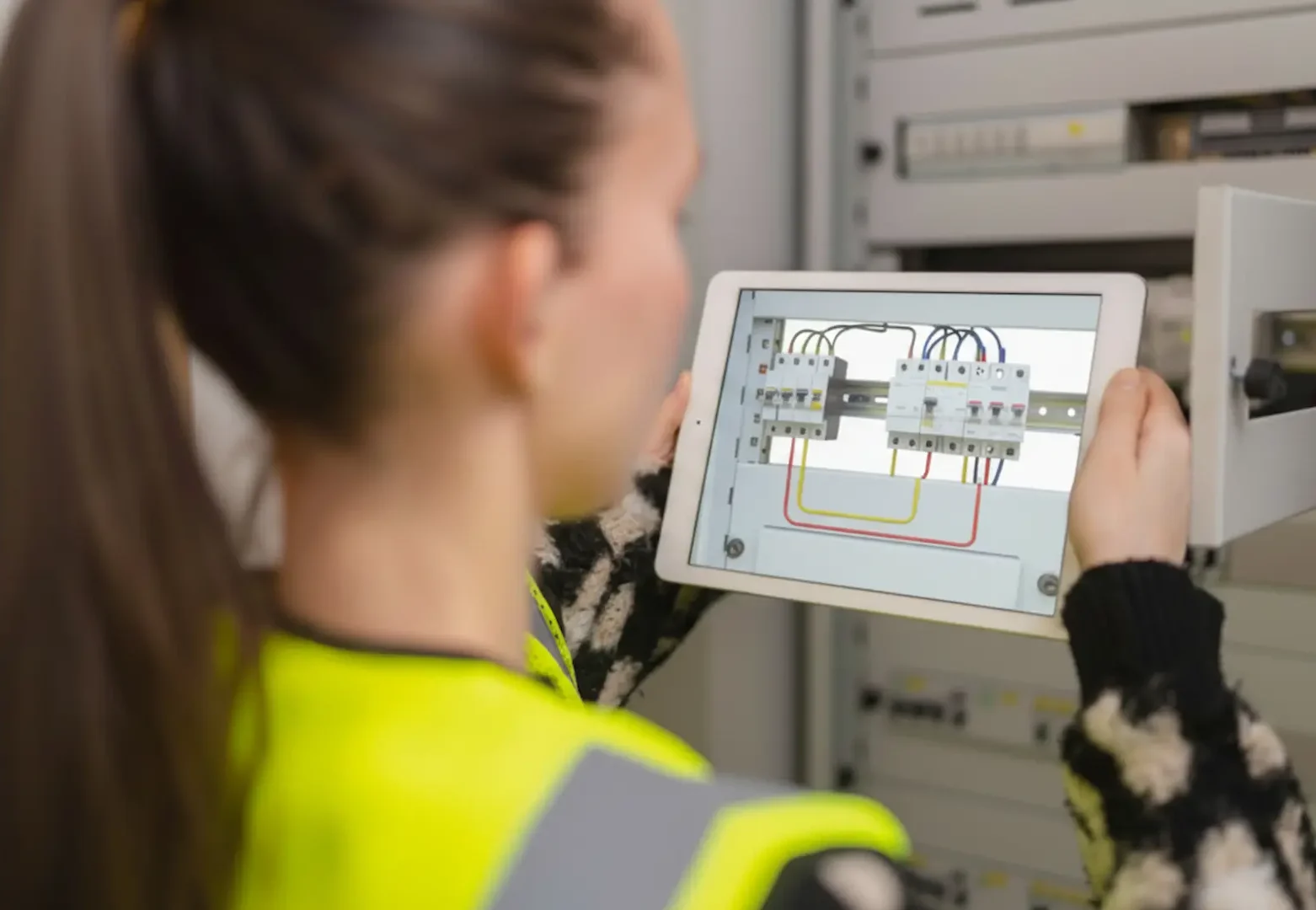 Panel Replacement: A professional electrician using a tablet to reference digital circuit diagrams while inspecting a modern electrical distribution board.