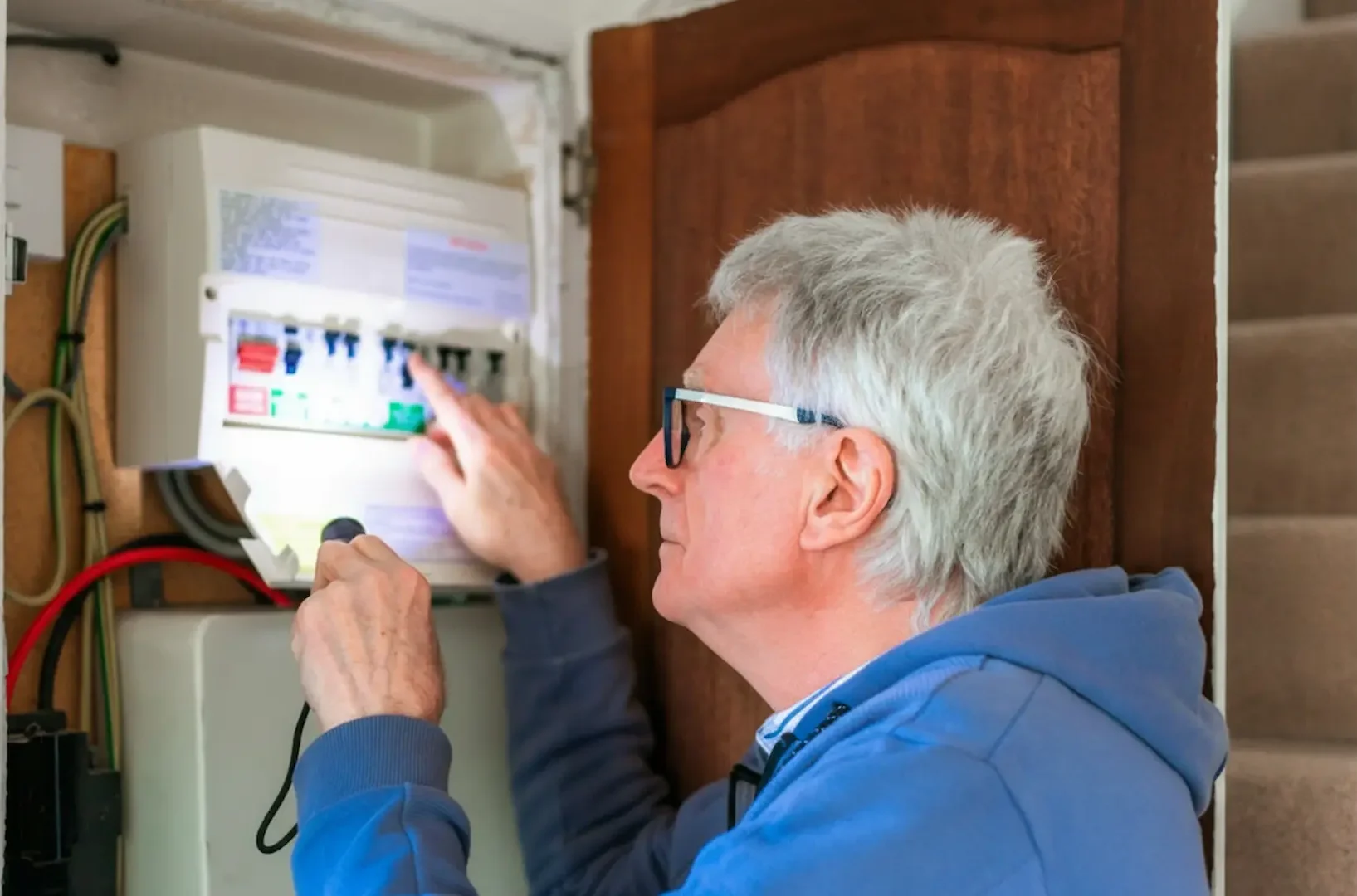 Booking an electrical repair: Profile view of an older man with white hair and glasses using a handheld flashlight to carefully inspect circuit breaker switches in an open white consumer unit mounted near a staircase.