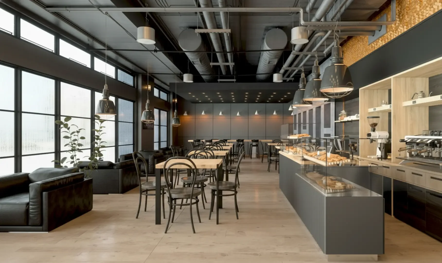 Business Lighting: Industrial-style restaurant interior showcasing professional business lighting with black dome pendants and exposed ductwork.