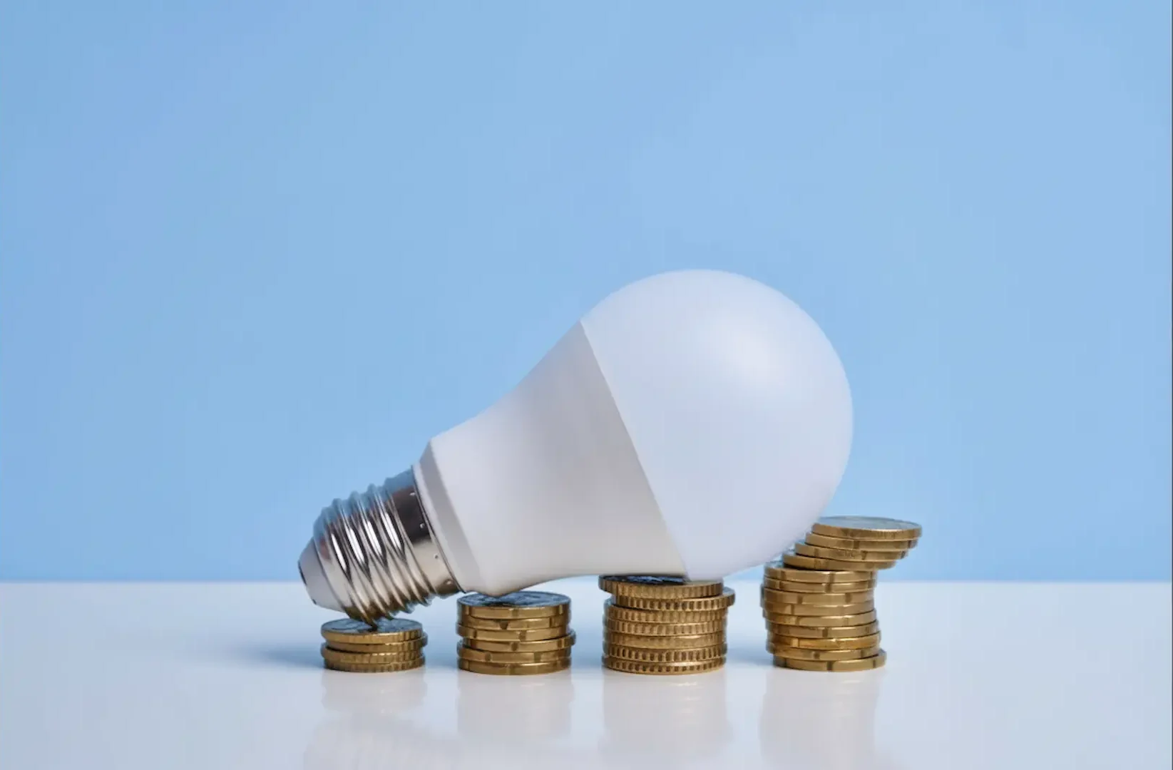 Energy-efficient Lighting: An LED light bulb resting on top of several stacks of gold coins against a plain blue background, representing electricity cost savings.