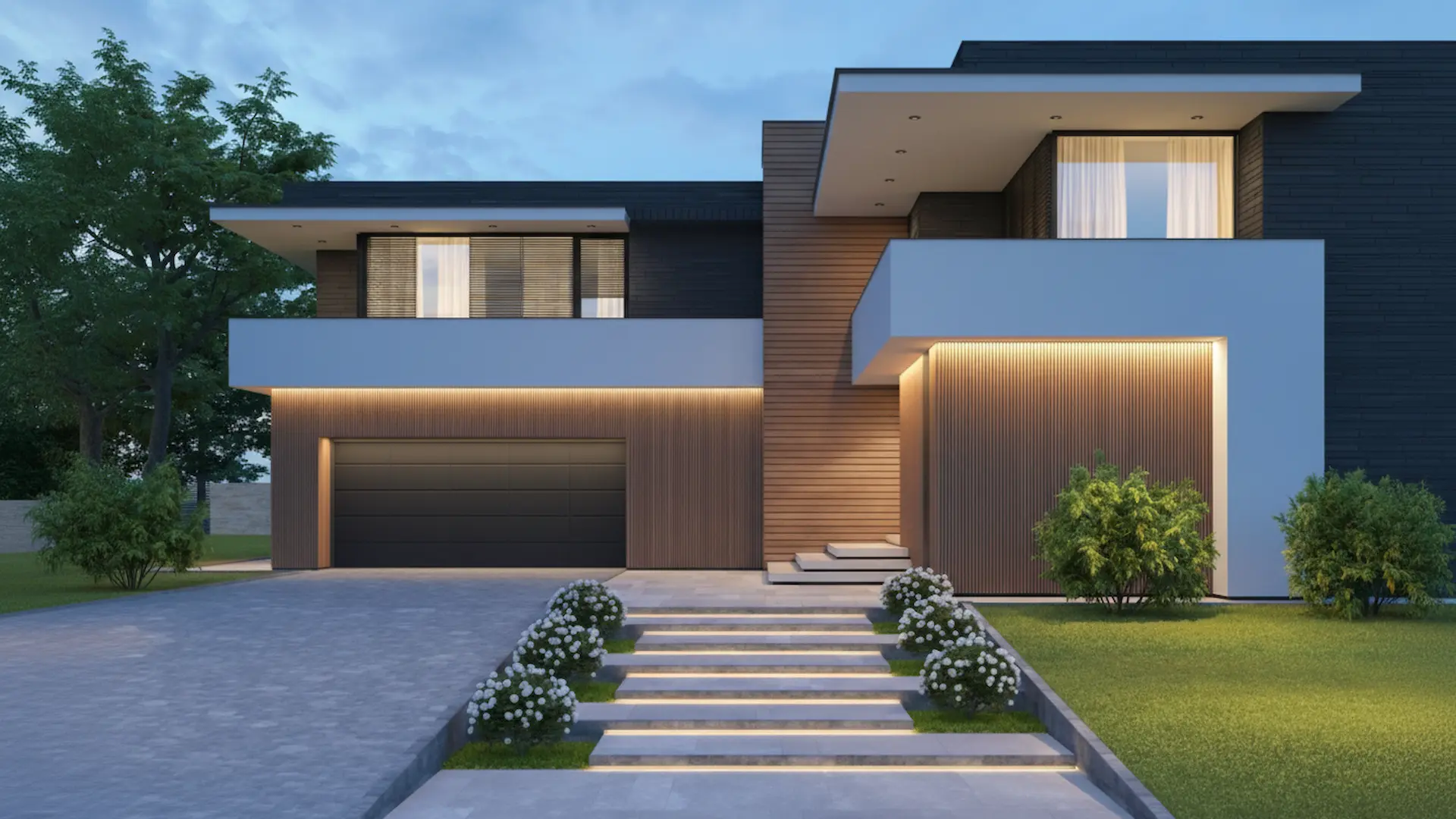 Outdoor lighting design:A modern two-story luxury home at dusk featuring warm linear LED accent lighting along the facade, garage, and built-in step lights for the entryway.