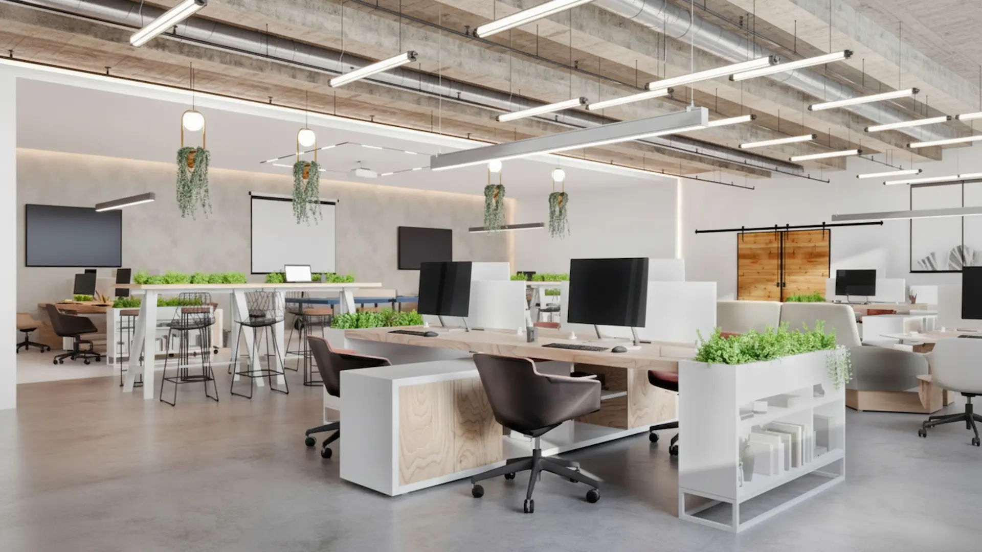 Business Lighting: Bright open-concept office in Suffolk, NY featuring professional business lighting with linear LED pendants and decorative fixtures