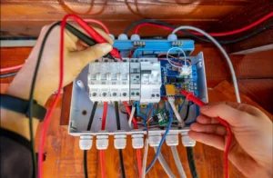 Electrician testing an electrical circuit during troubleshooting in Holbrook
