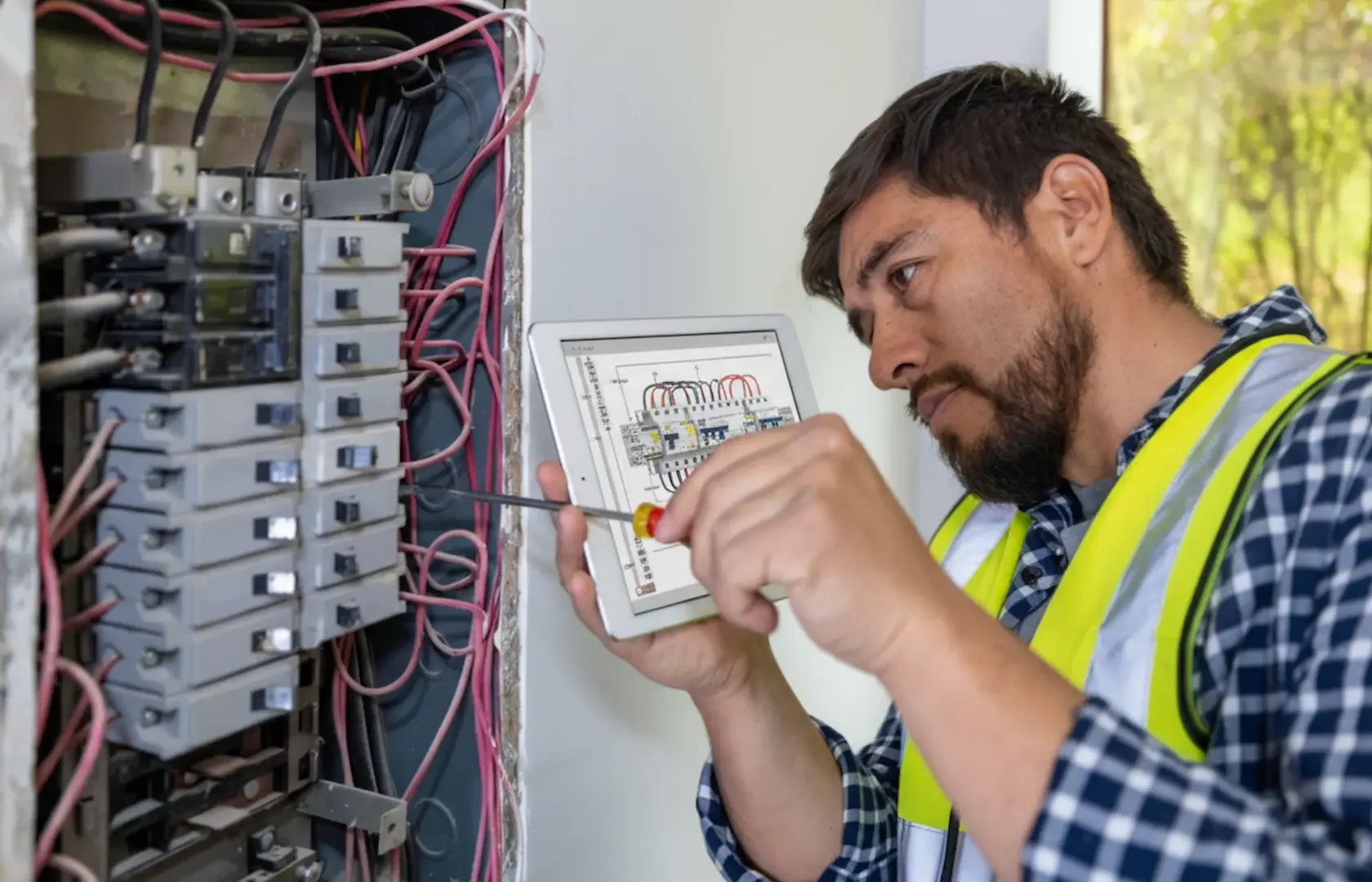 Panel replacement: An RJ & Son Electrician using a tablet to verify wiring schematics while installing circuit breakers in a complex service panel.