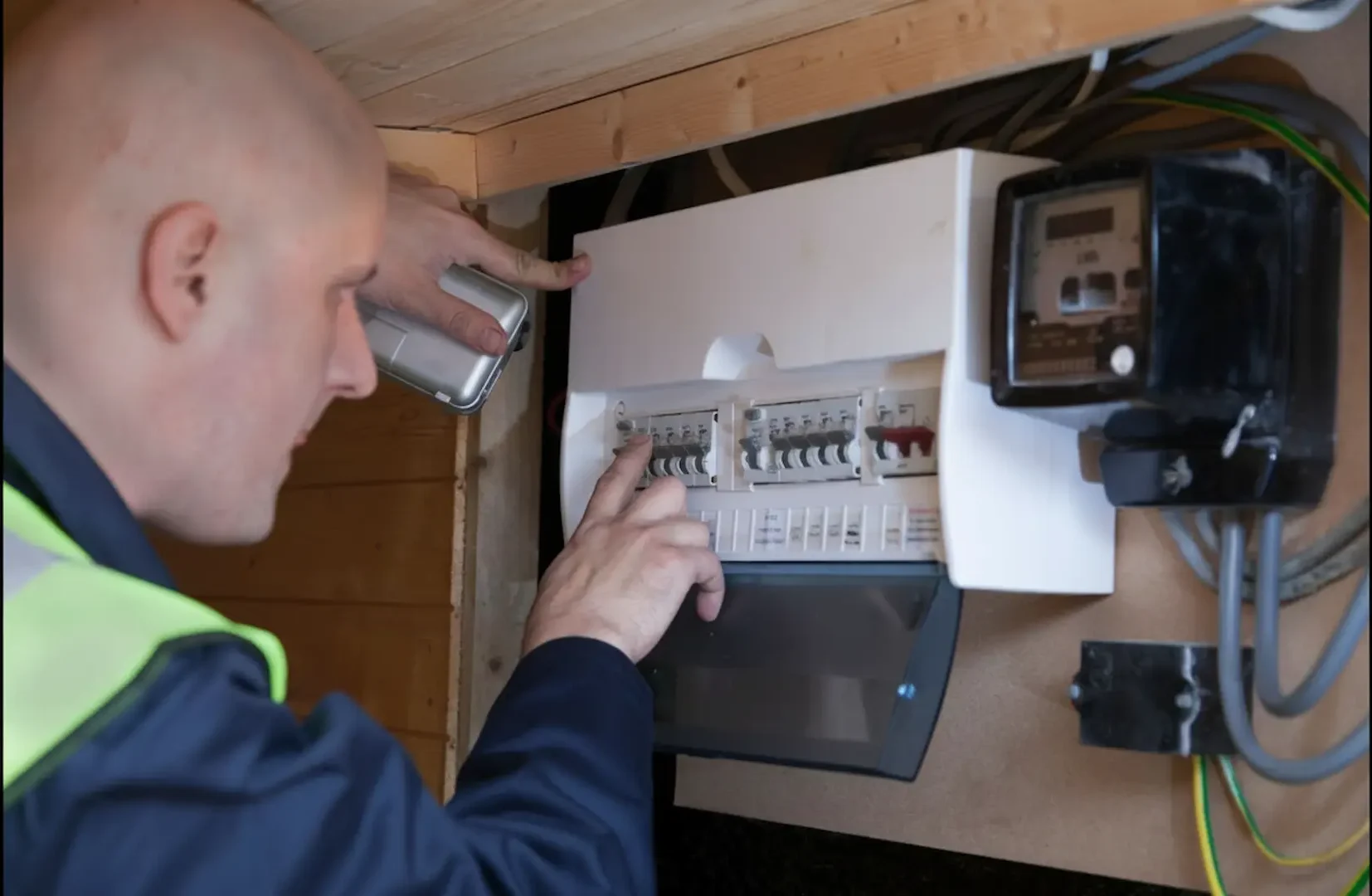 Circuit breaker: Technician in a high-visibility vest using a flashlight to point at switches in a modern consumer unit.